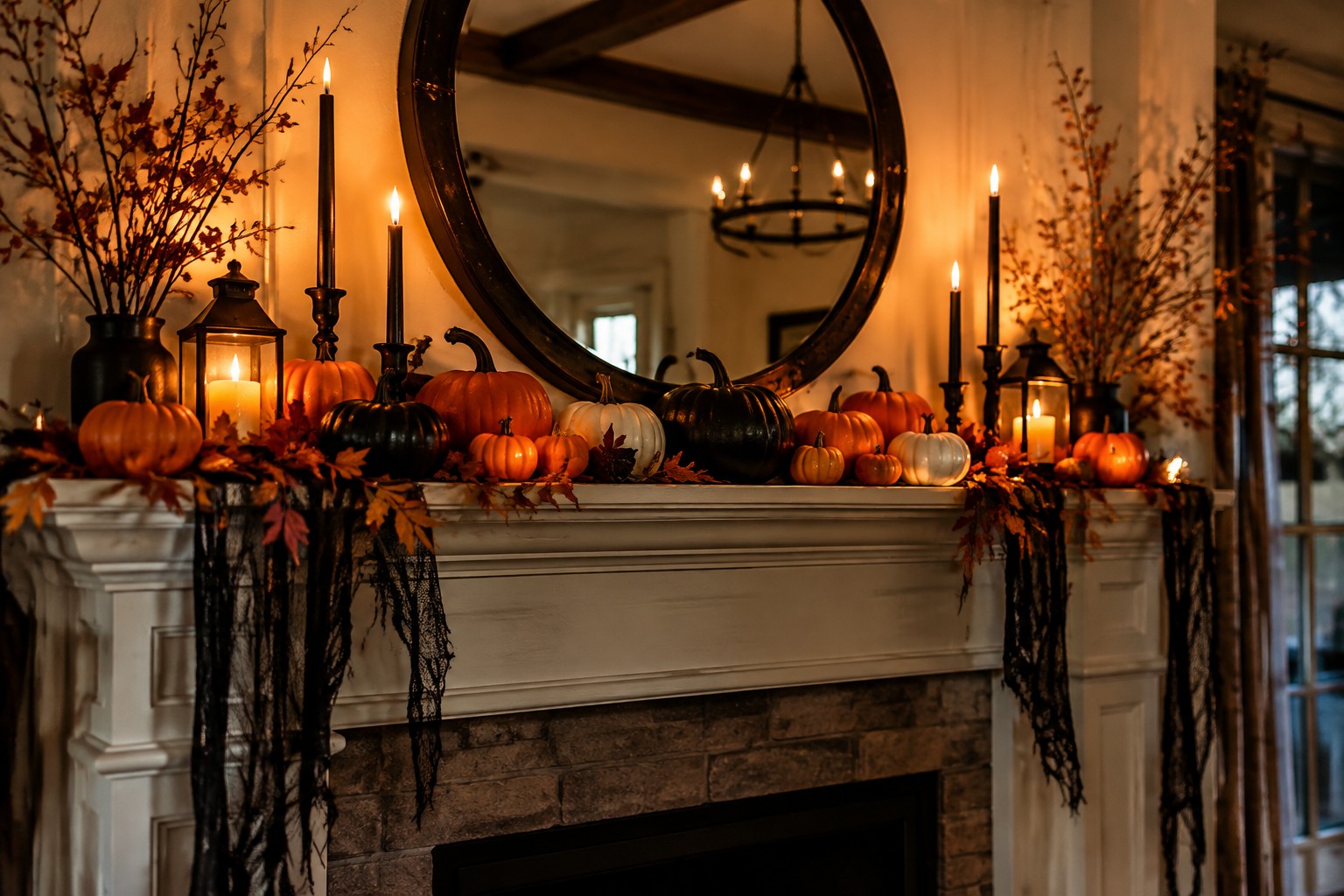 A stone fireplace mantel arranged with orange, white, and black pumpkins, black crows, candles, and lanterns.