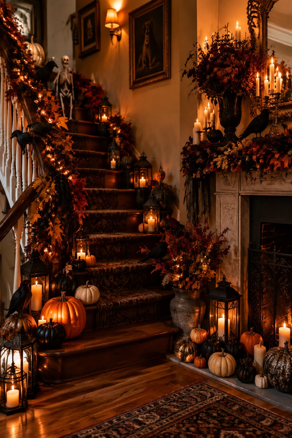 Wooden staircase and fireplace area decorated with many uncarved pumpkins of different colors and sizes, black crows, and lanterns.
