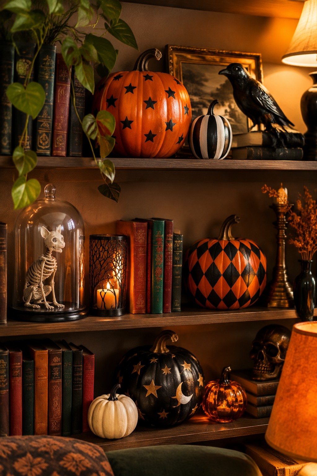 Wooden bookshelf styled with multiple no-carve pumpkins painted in star, stripe, and harlequin patterns next to books, a skeleton under a glass cloche, and a black crow statue.