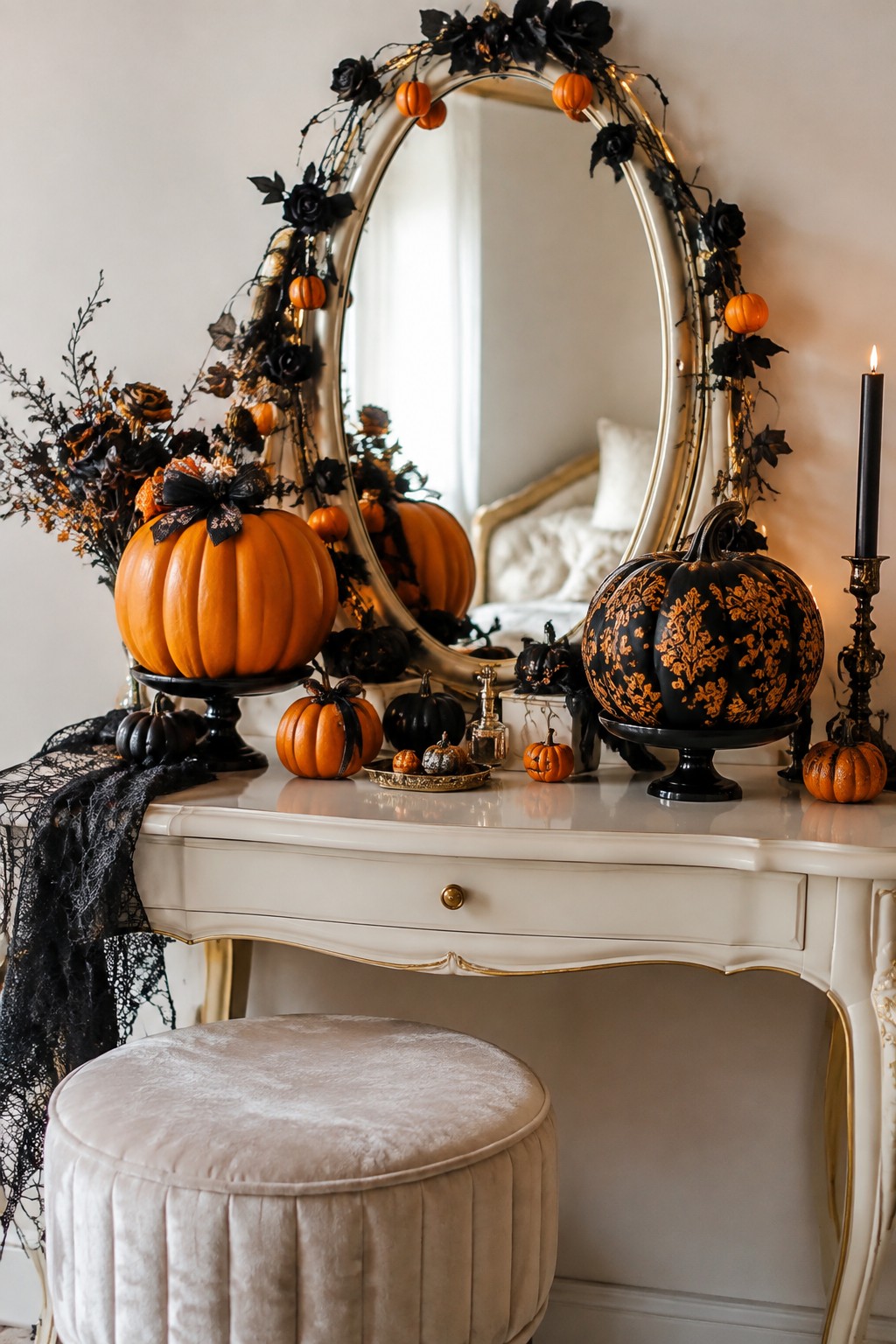 White vanity with orange and black pumpkins, floral mirror garland, and lit black candle.