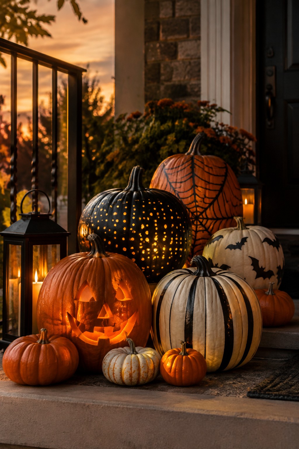 Front porch steps lined with pumpkins painted in spiderweb, bat, and dotted patterns alongside a few lit lanterns.
