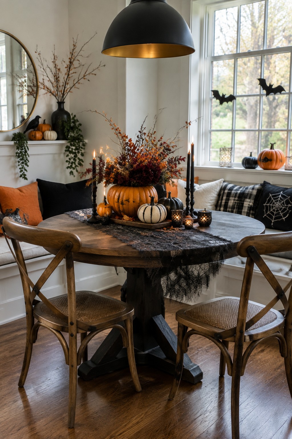Round wooden dining table with a large orange pumpkin holding autumn branches, smaller pumpkins, and black candles arranged on a dark lace runner.