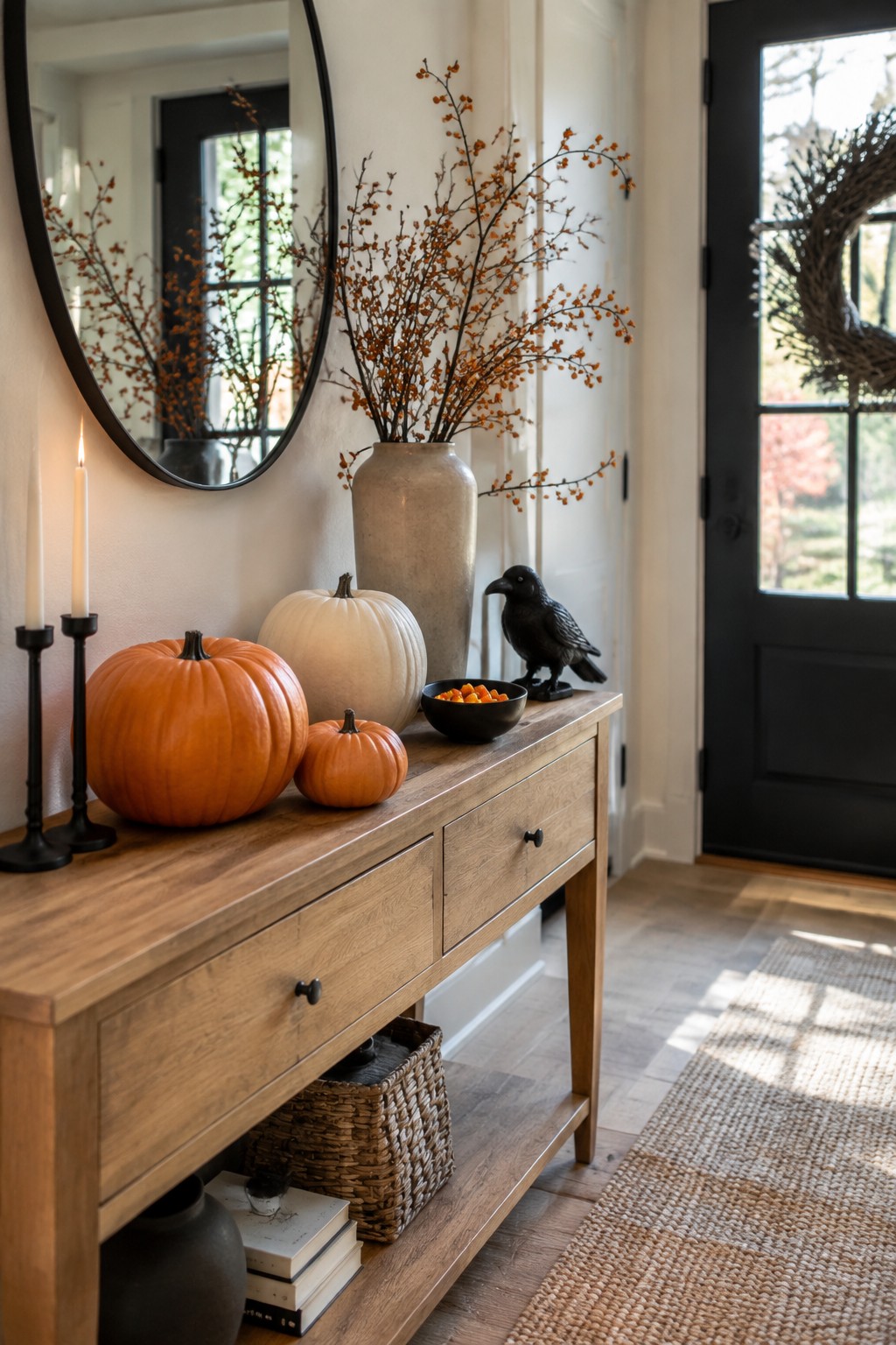 Wooden console table with pumpkins, orange branches, black crow, and candles in entryway