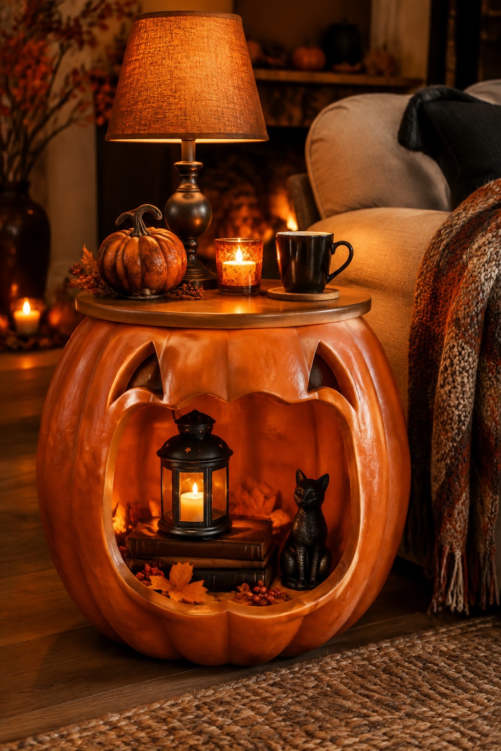 Large orange pumpkin with a carved jack o lantern face used as a side table, holding a lamp and mug on top with a lantern and black cat figure inside the opening.