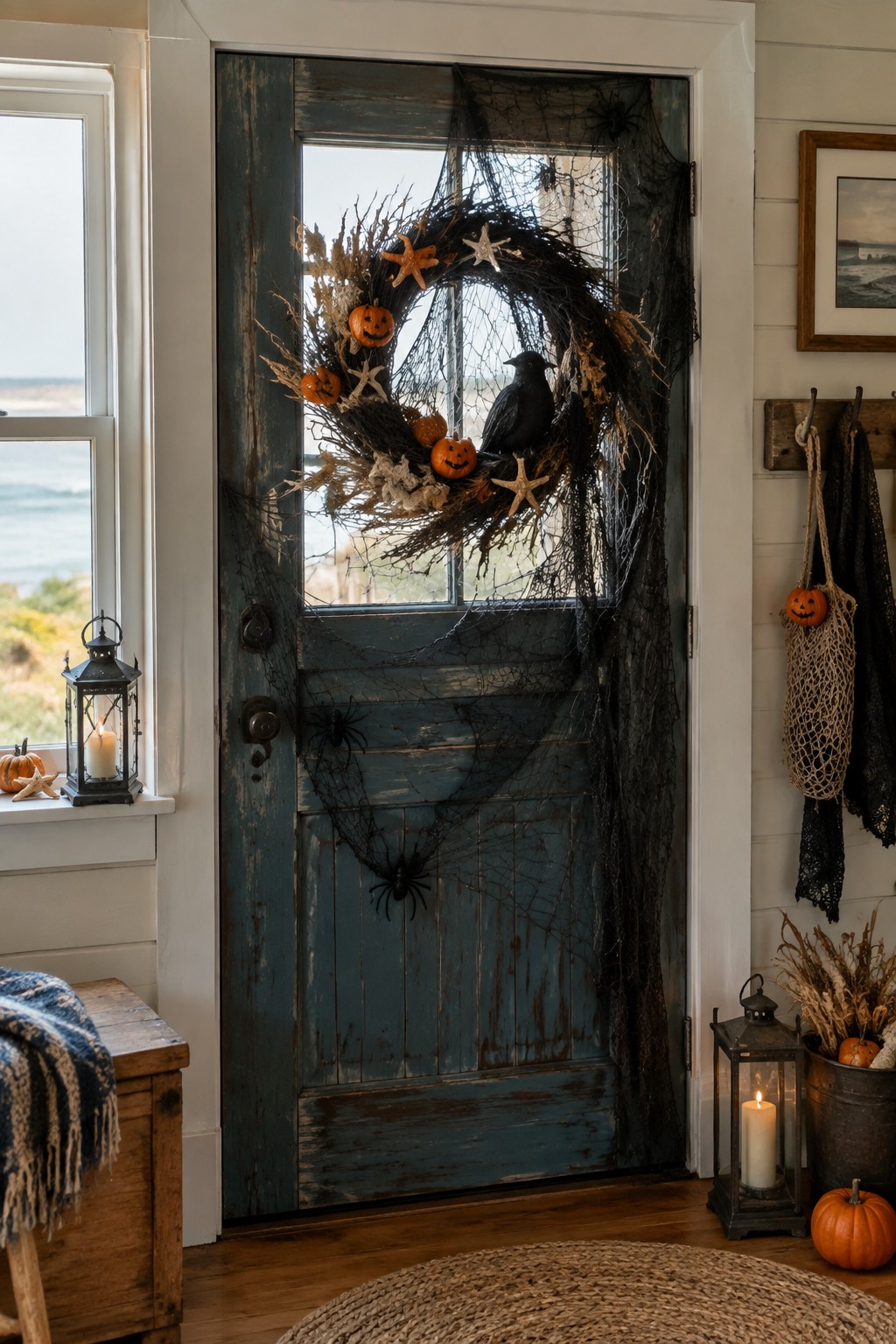 Blue wooden door decorated with a large Halloween wreath covered in black spiderwebs, small jack o lantern pumpkins, a black crow, and starfish accents.