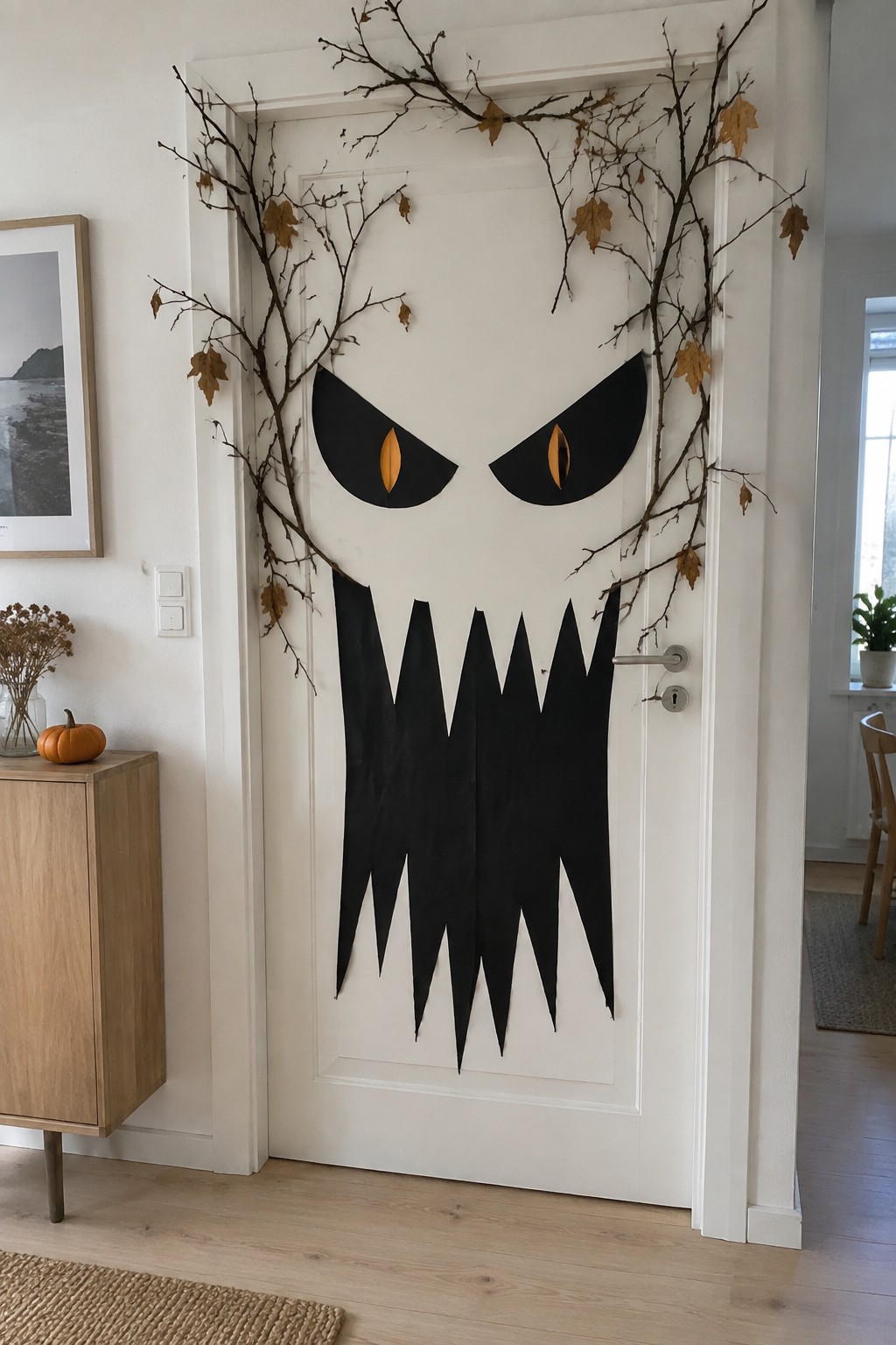 White door with black monster face and branch decorations with dried leaves