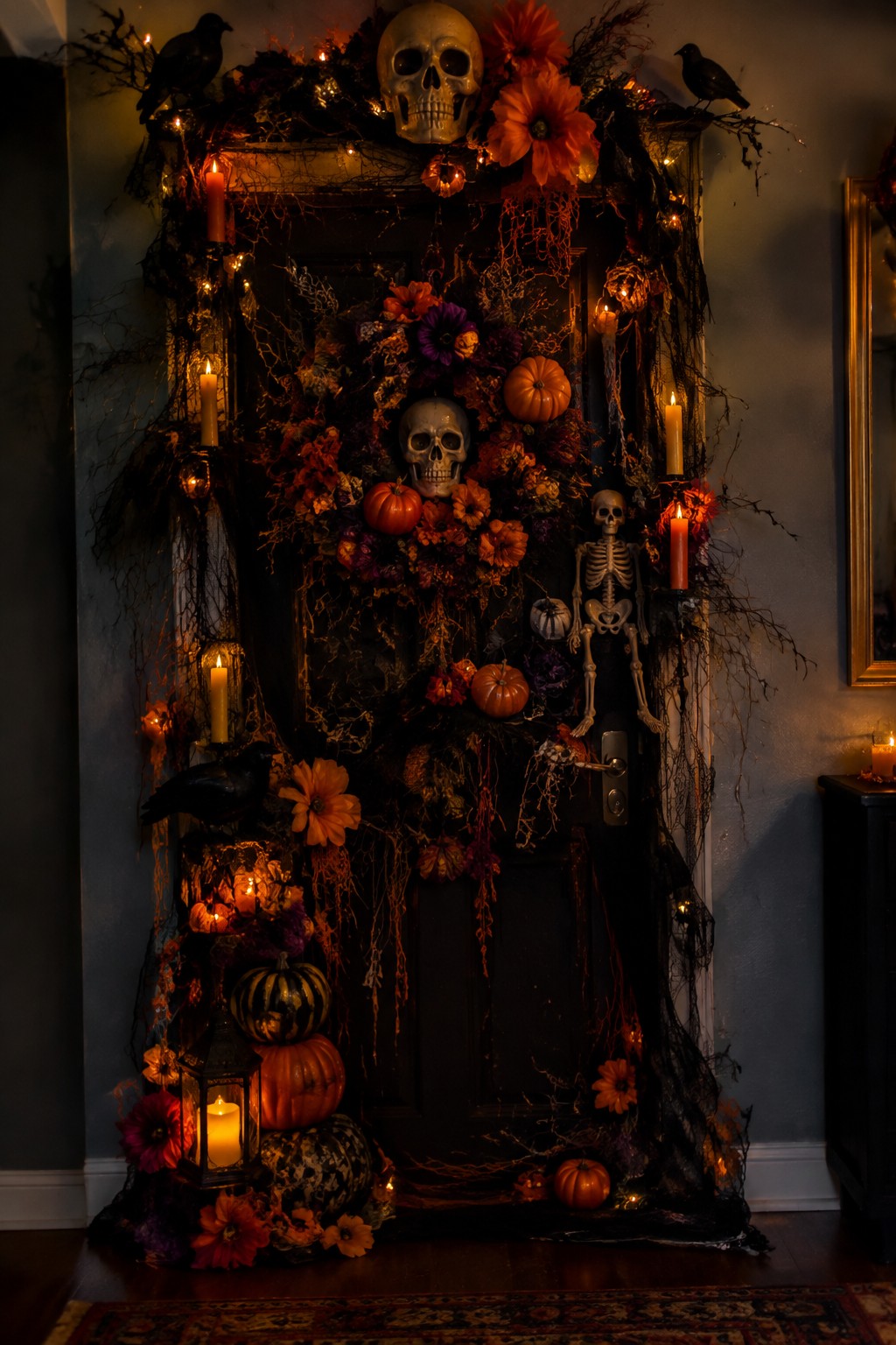 Indoor door decorated with a large floral wreath holding a central skull, a hanging skeleton to the right, pumpkins, candles, and black draping.
