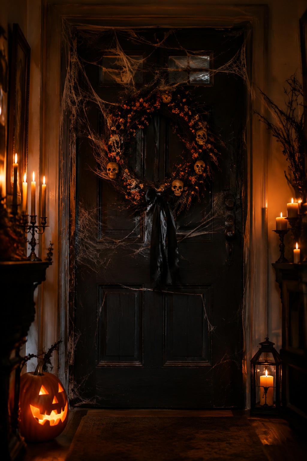 Dark front door covered in white spiderwebs with a wreath made of skulls, orange flowers, and a black bow, flanked by lit candles and a jack o lantern on the floor.