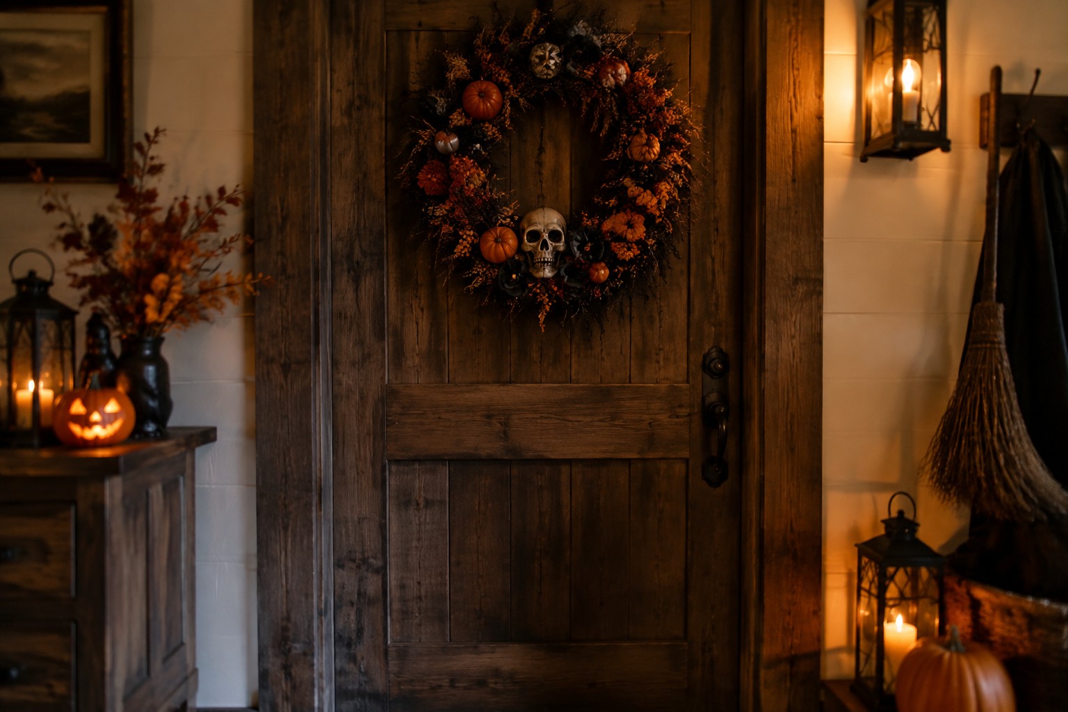 Wooden front door with a grapevine Halloween wreath featuring orange berries, a small pumpkin, and a black bow, plus floor pumpkins and a lit jack-o'-lantern nearby.