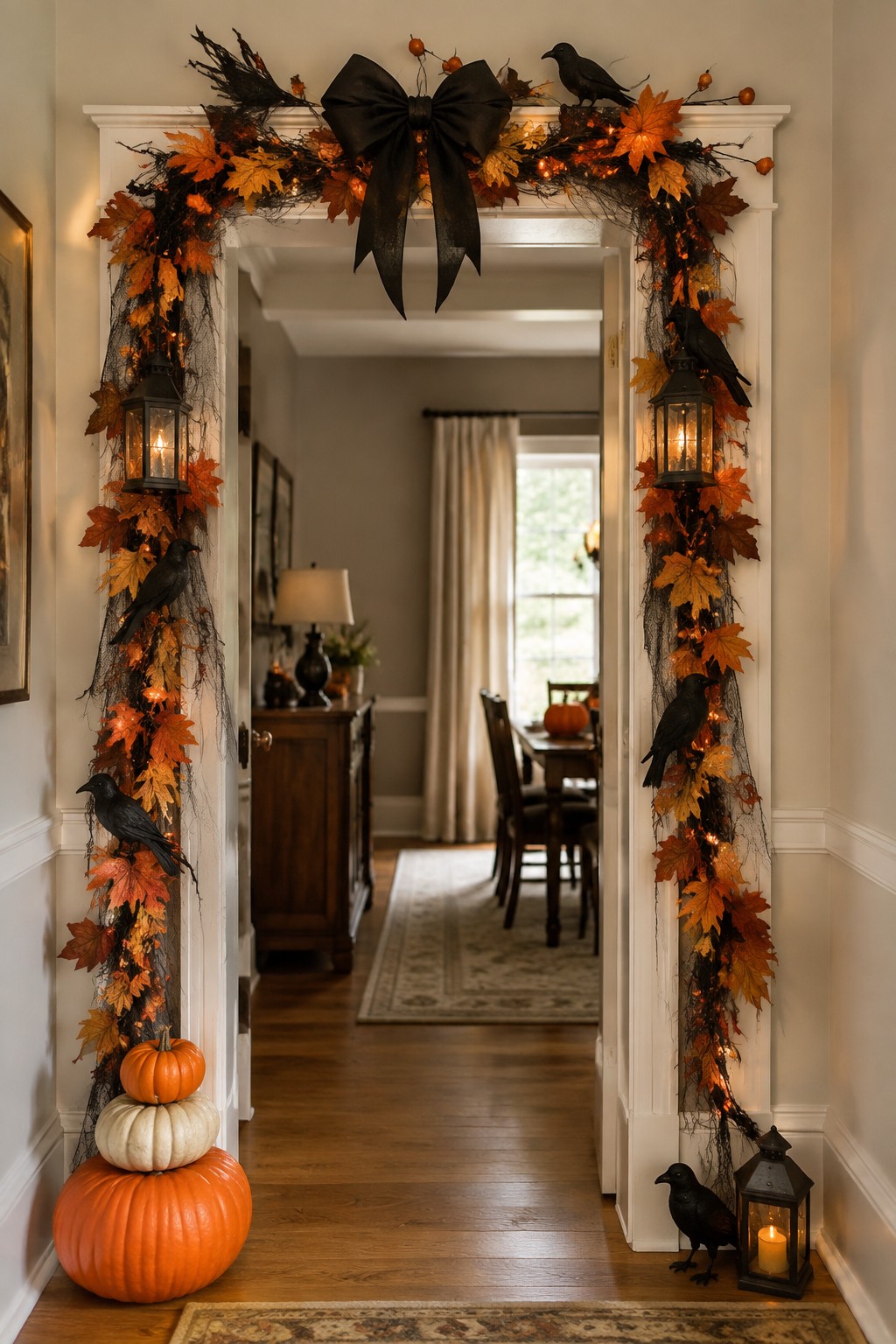 Interior doorway decorated with orange leaf garlands, black crows, lanterns, and a large black bow, with stacked pumpkins at the base.