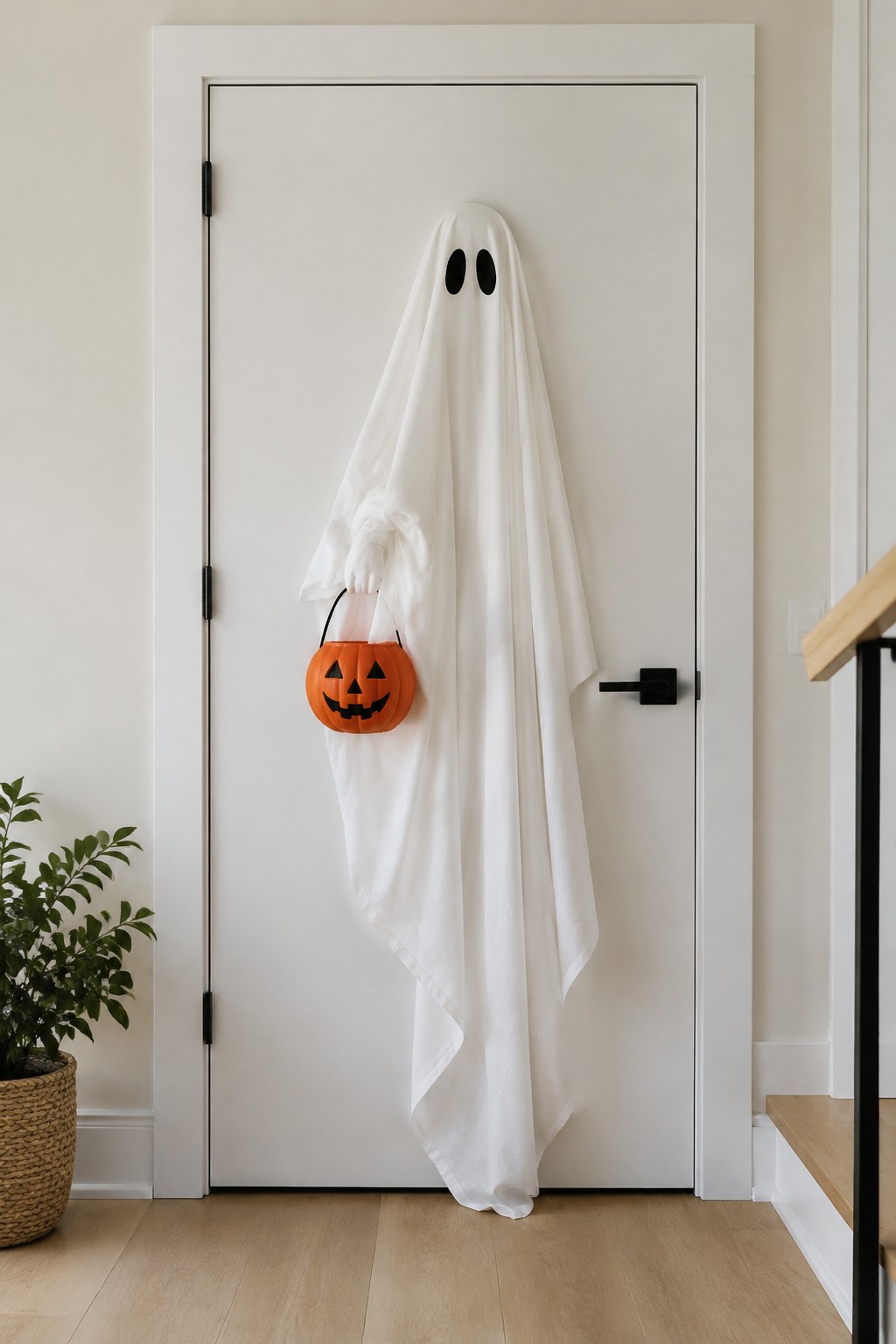 A white sheet ghost with black eyes hangs on a white door while holding an orange jack o lantern bucket.