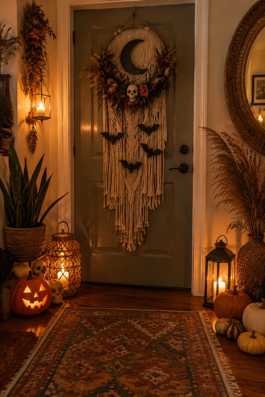 Green front door decorated with a large macrame hanging featuring black bats, a skull, and dried flowers, with pumpkins and lanterns on the floor.