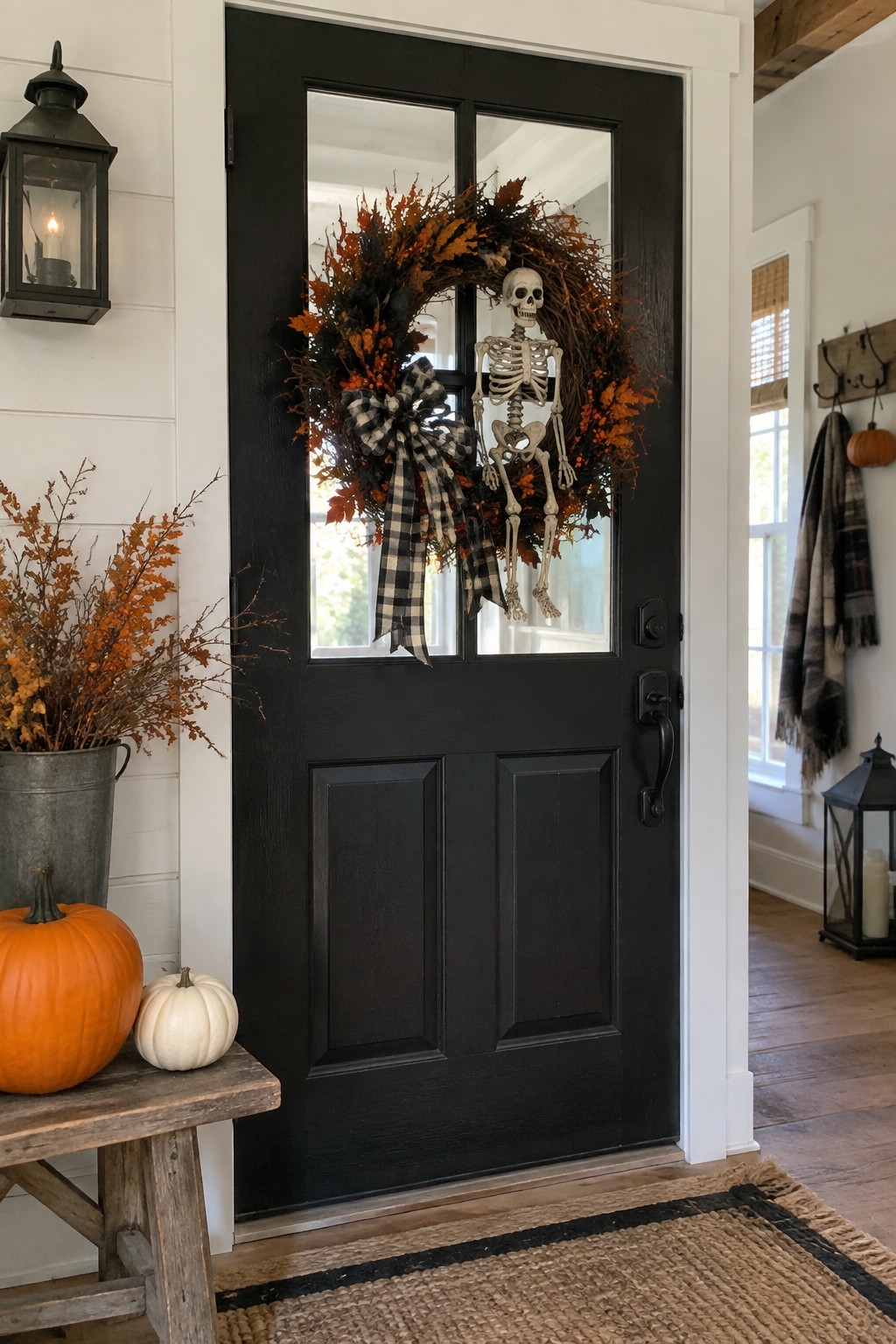 Black front door with a large autumn wreath holding a white skeleton figure and a black and white check bow.