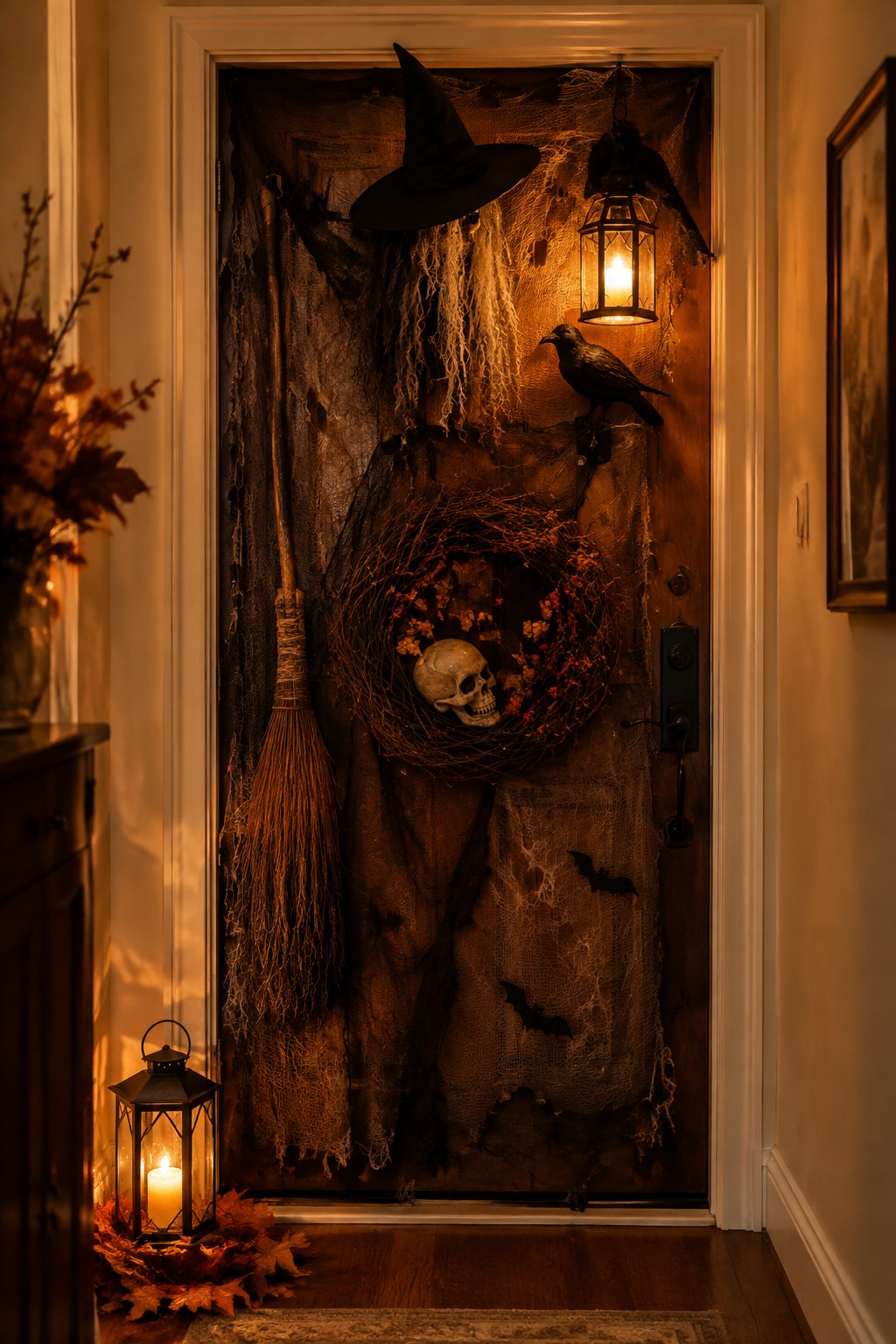 Indoor front door decorated with a witch hat, broom, skull wreath, black crows, bats, and spiderwebs for Halloween.