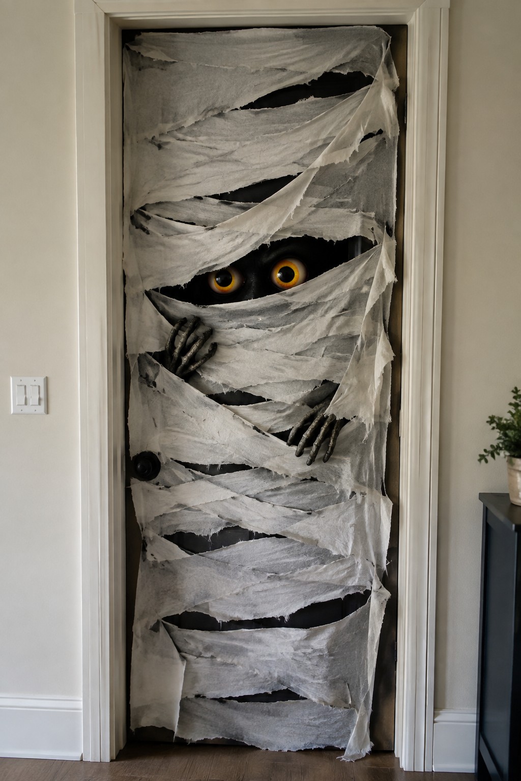 Door wrapped in torn white fabric with yellow eyes and gray claw hands