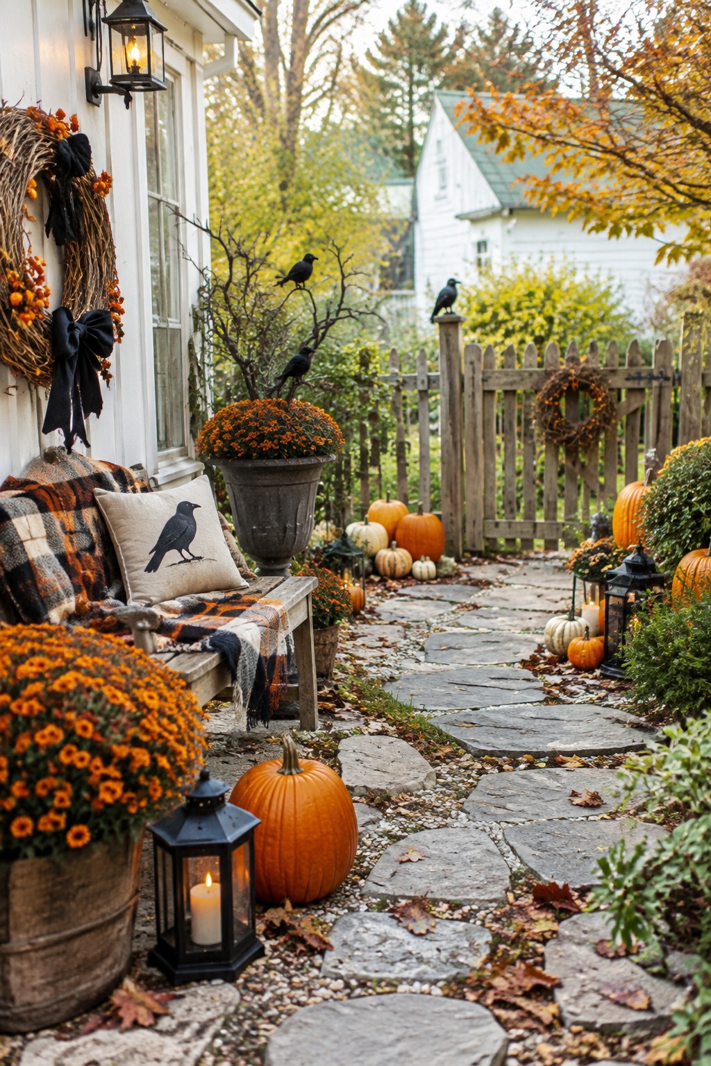 Stone walkway lined with pumpkins, lanterns, and black crows perched on branches and a wooden fence leading to a decorated front porch.