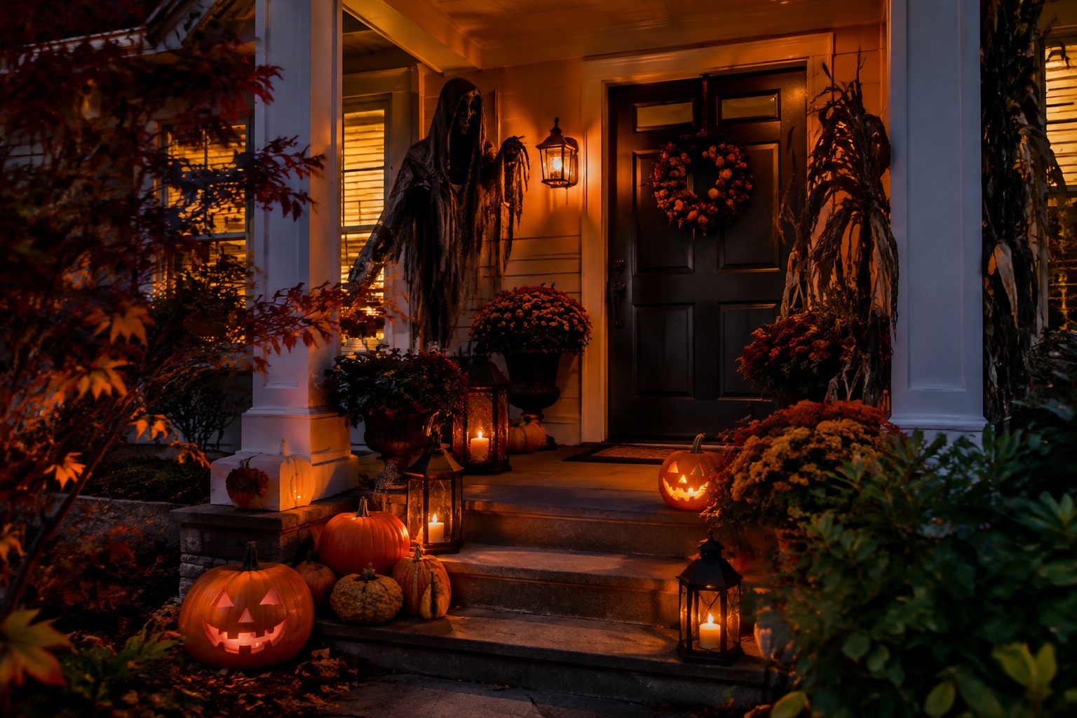 Front porch at night with multiple carved jack o lanterns and lanterns arranged on the steps and ground around a dark door with an autumn wreath.