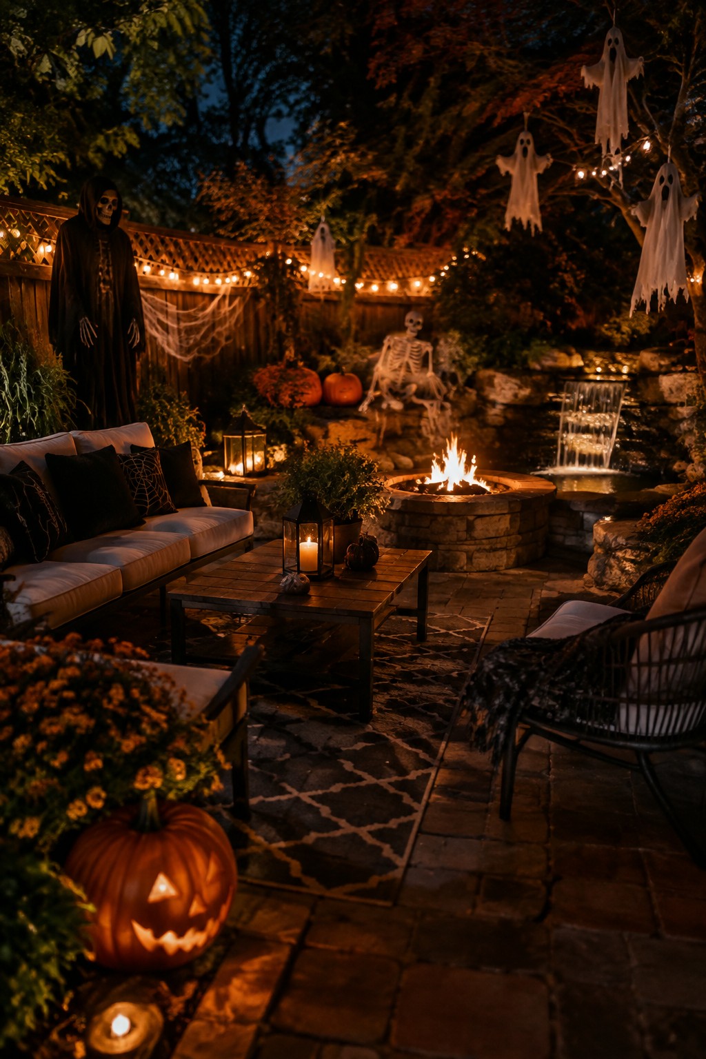 Outdoor patio at night with multiple white hanging ghost figures suspended from trees, a skeleton figure, pumpkins, and a lit fire pit.