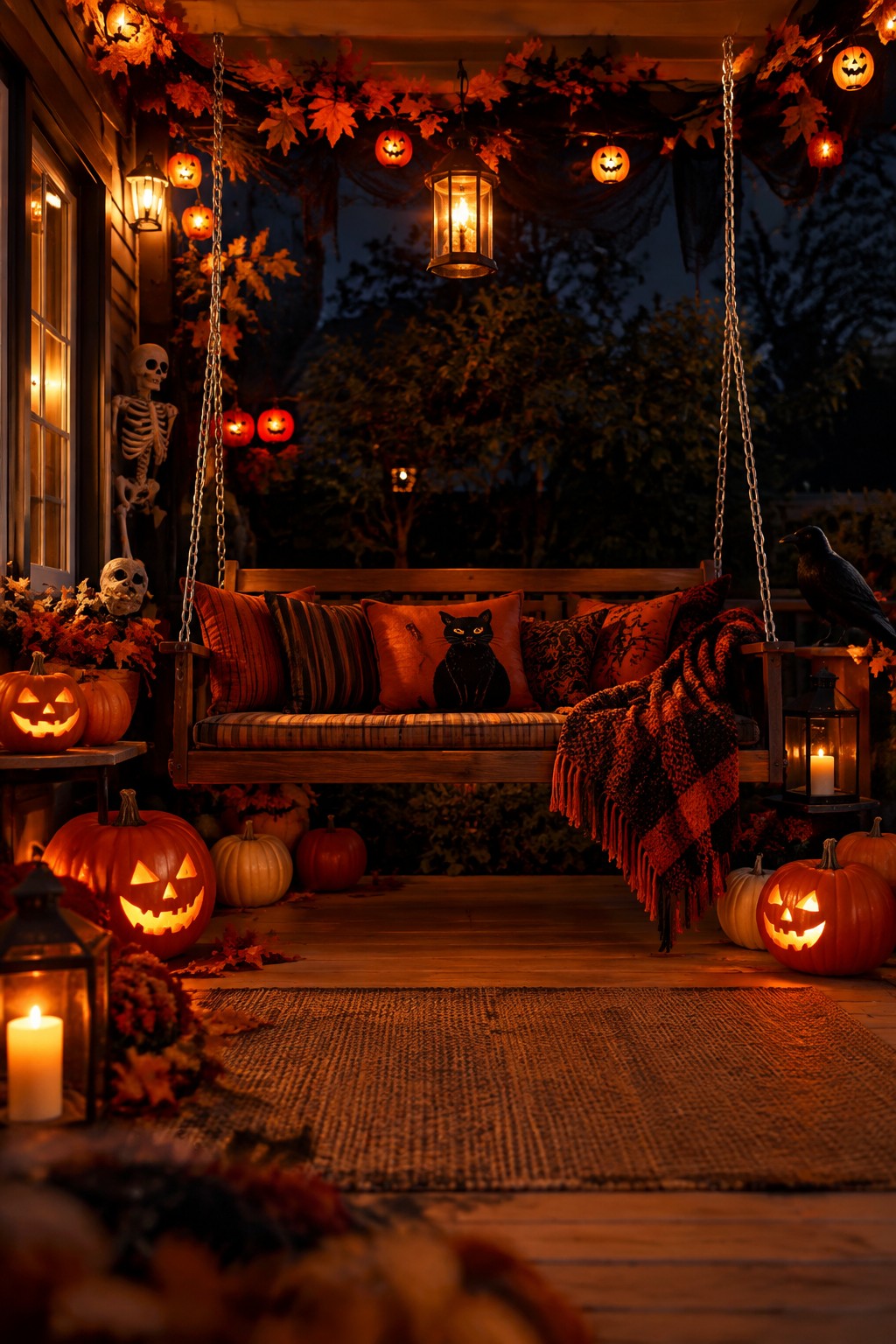 A wooden porch swing on a front porch decorated with a black cat pillow, striped cushions, plaid throw, and surrounded by carved jack-o'-lanterns and lanterns.