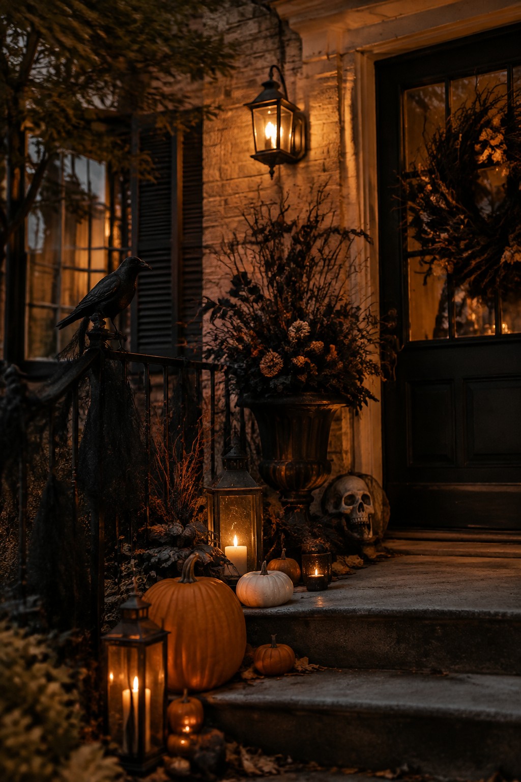 Front porch steps decorated with a large skull, black crow on the railing, glowing lanterns, and assorted pumpkins around an urn.