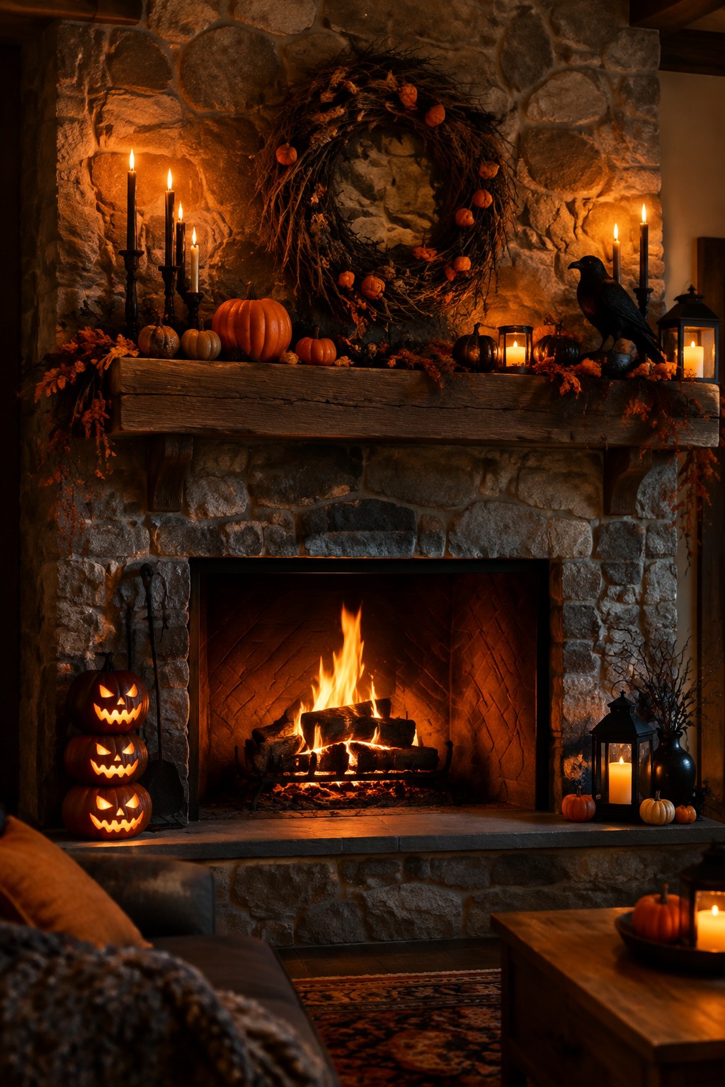 Stone fireplace with fire, pumpkins, candles, wreath, and black crow.