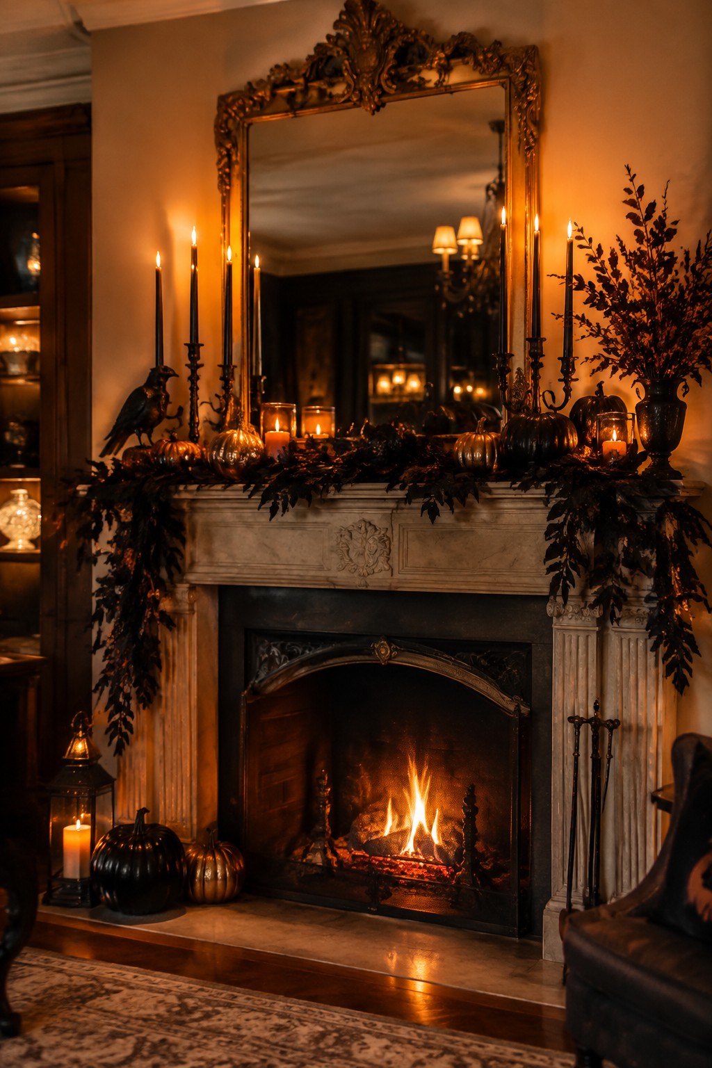 Elegant fireplace with burning fire, black pumpkins, candles, and ornate mirror above.