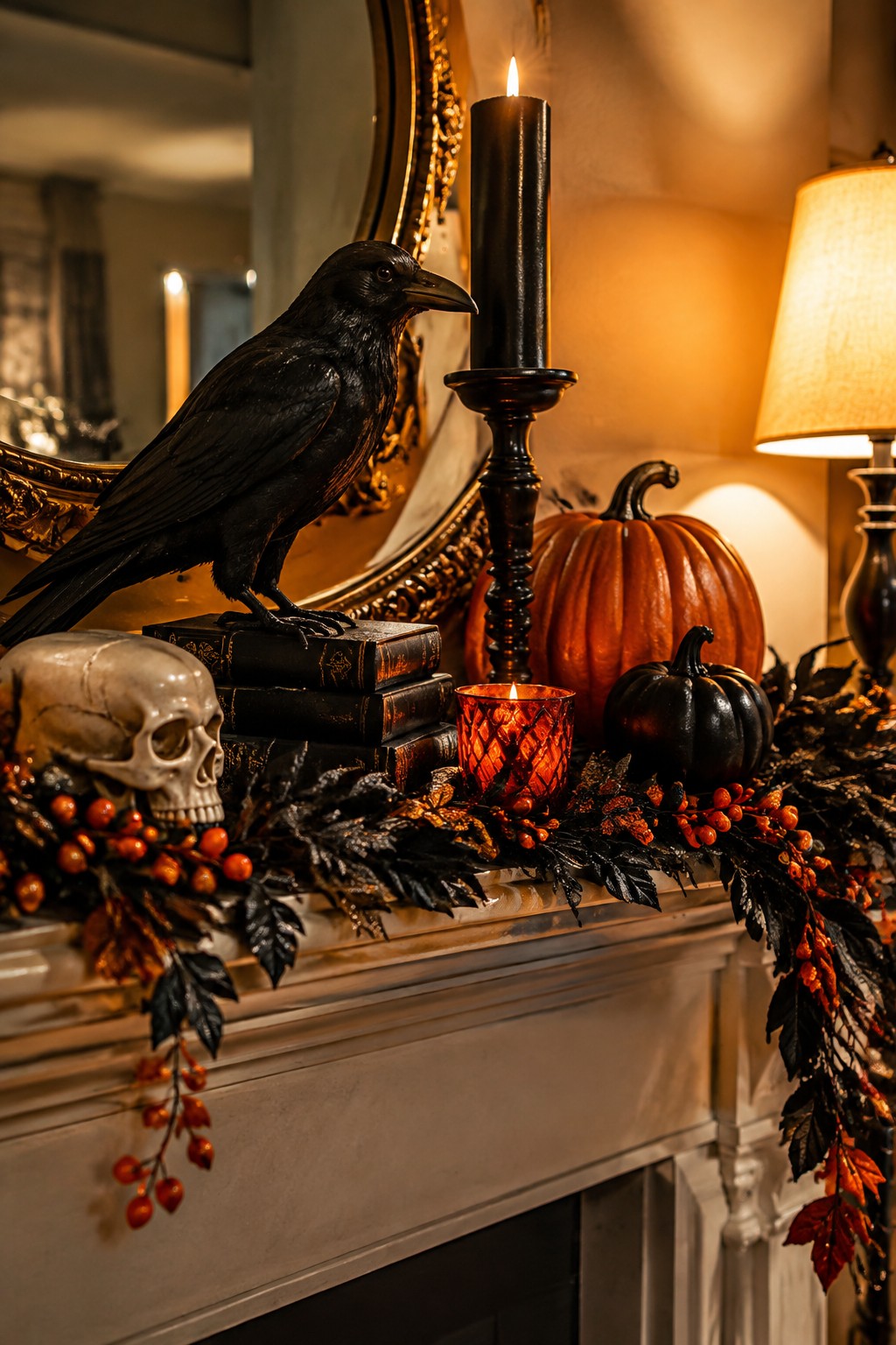 Black raven on books beside skull, pumpkins, candles, and autumn garland on mantel