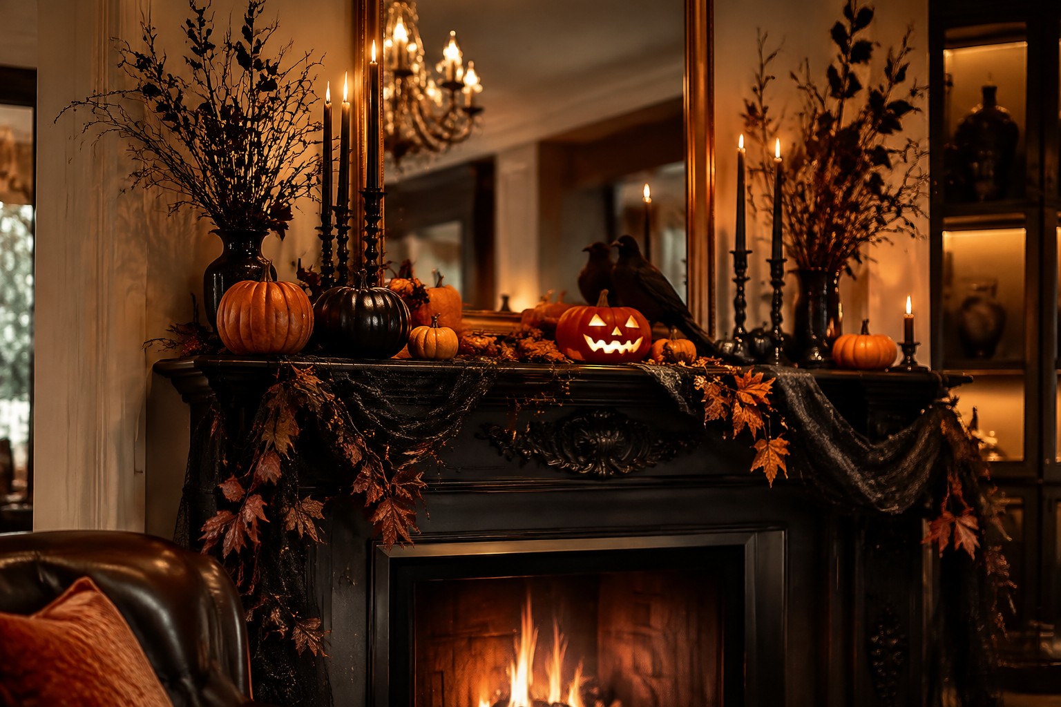 Elegant fireplace with burning fire, black pumpkins, candles, and ornate mirror above.