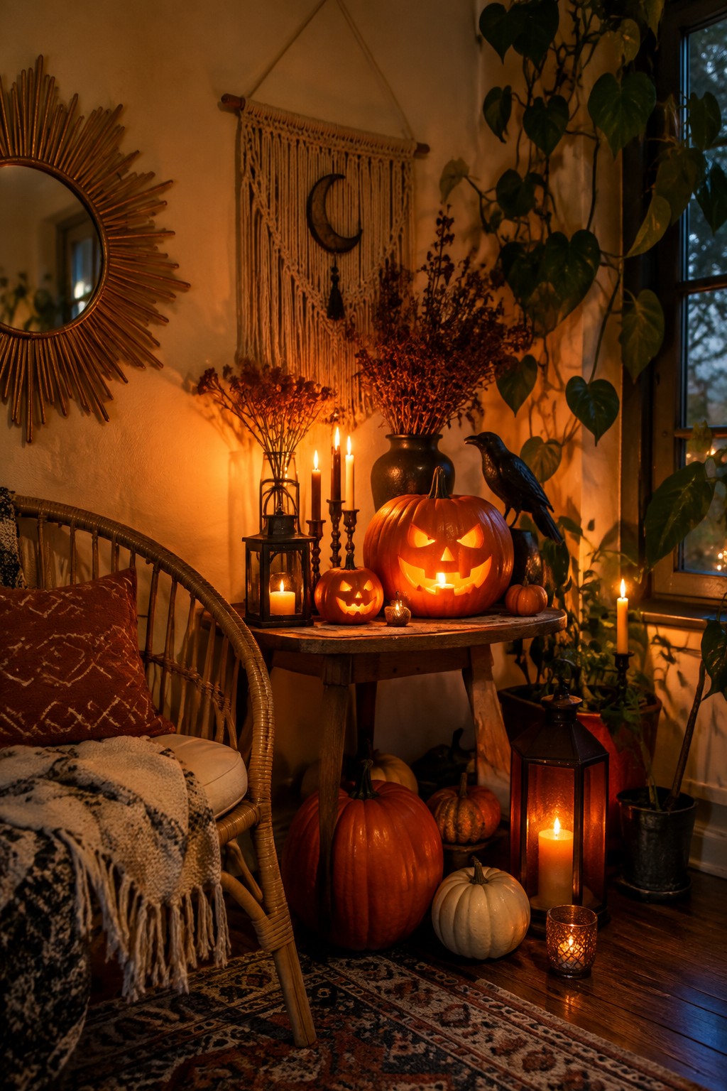 Cozy corner with glowing jack-o'-lanterns, candles, macrame, wicker chair, and plants