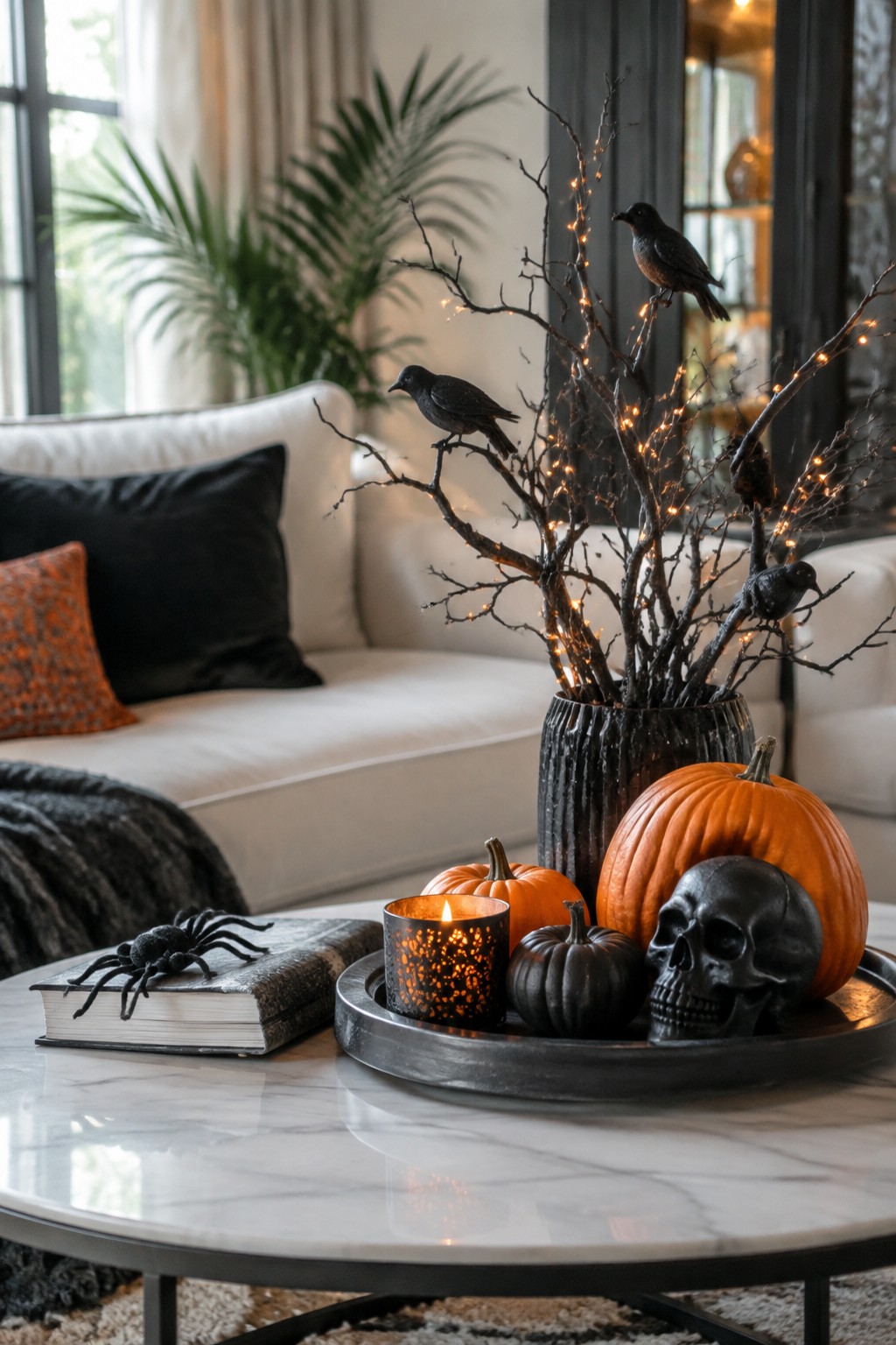 Coffee table tray holding a black branch arrangement with crows and string lights, surrounded by orange and black pumpkins plus a black skull.