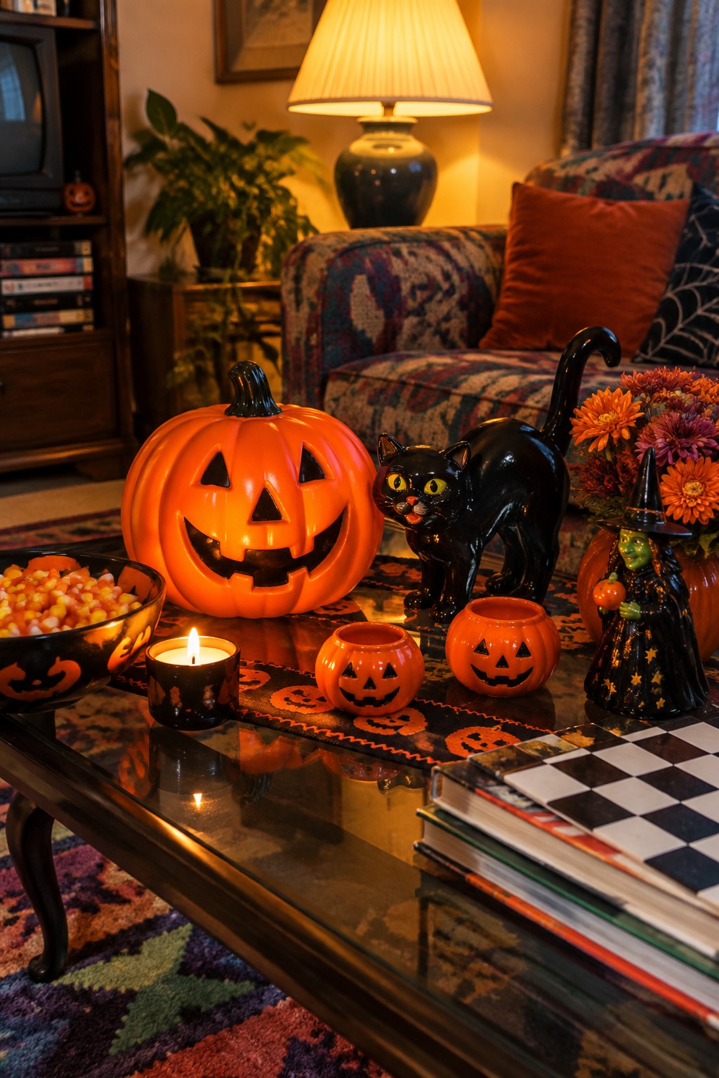 Glass coffee table holding an orange ceramic jack-o'-lantern, black cat figurine, witch figurine, candy bowl, and small pumpkin candles in a living room setting.