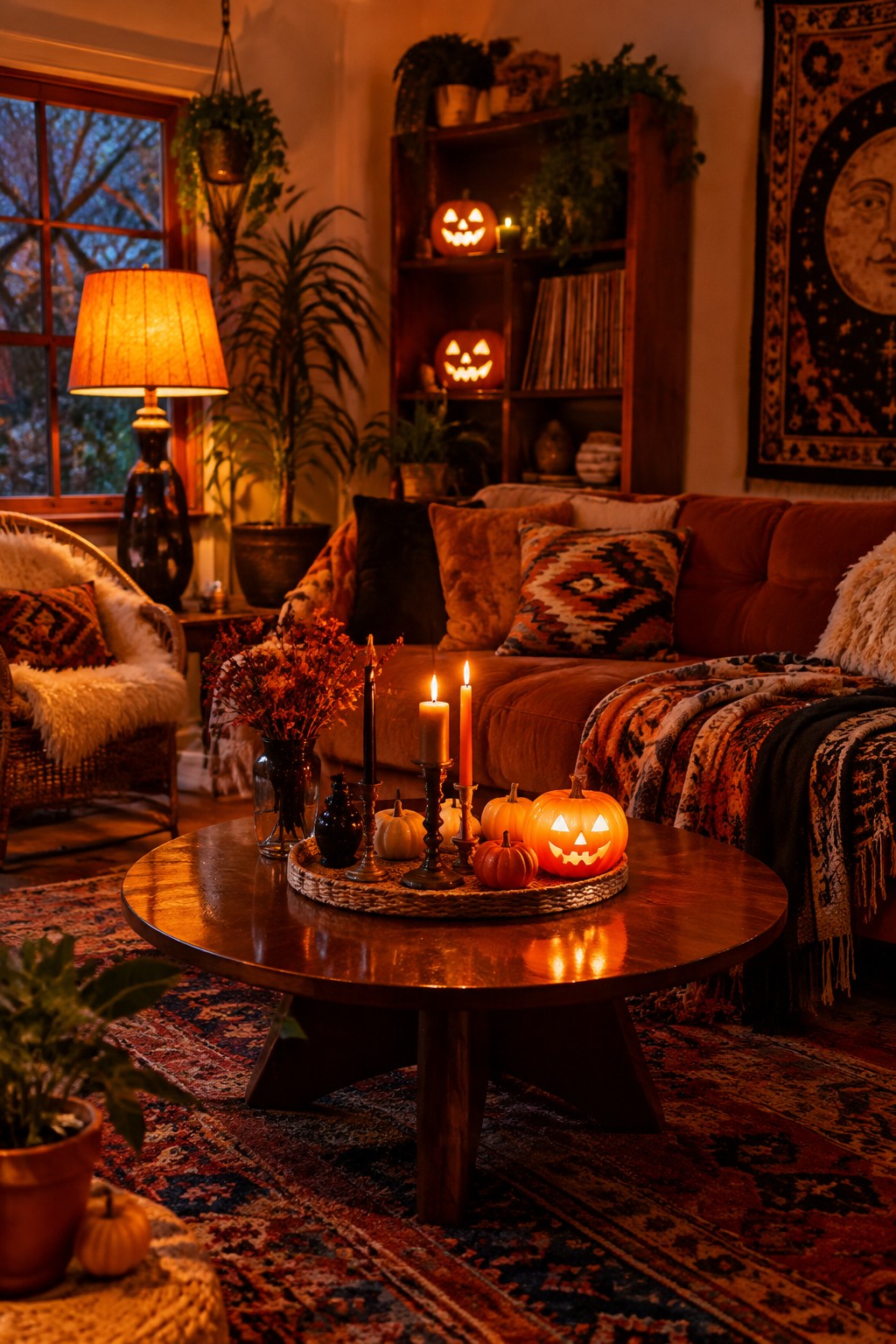 Wooden coffee table holding a round tray with several carved jack o' lanterns and lit candles in a cozy living room setting.