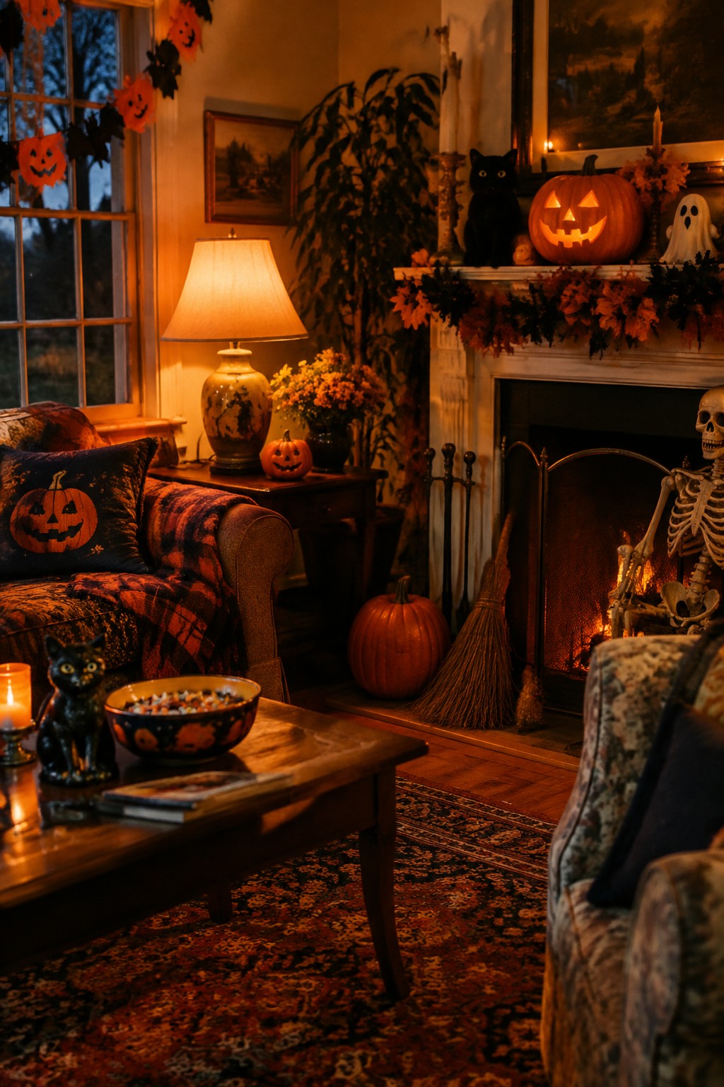 Living room fireplace mantel decorated with a large carved jack o lantern, black cat figure, ghost, and garland, with a skeleton seated beside the hearth.