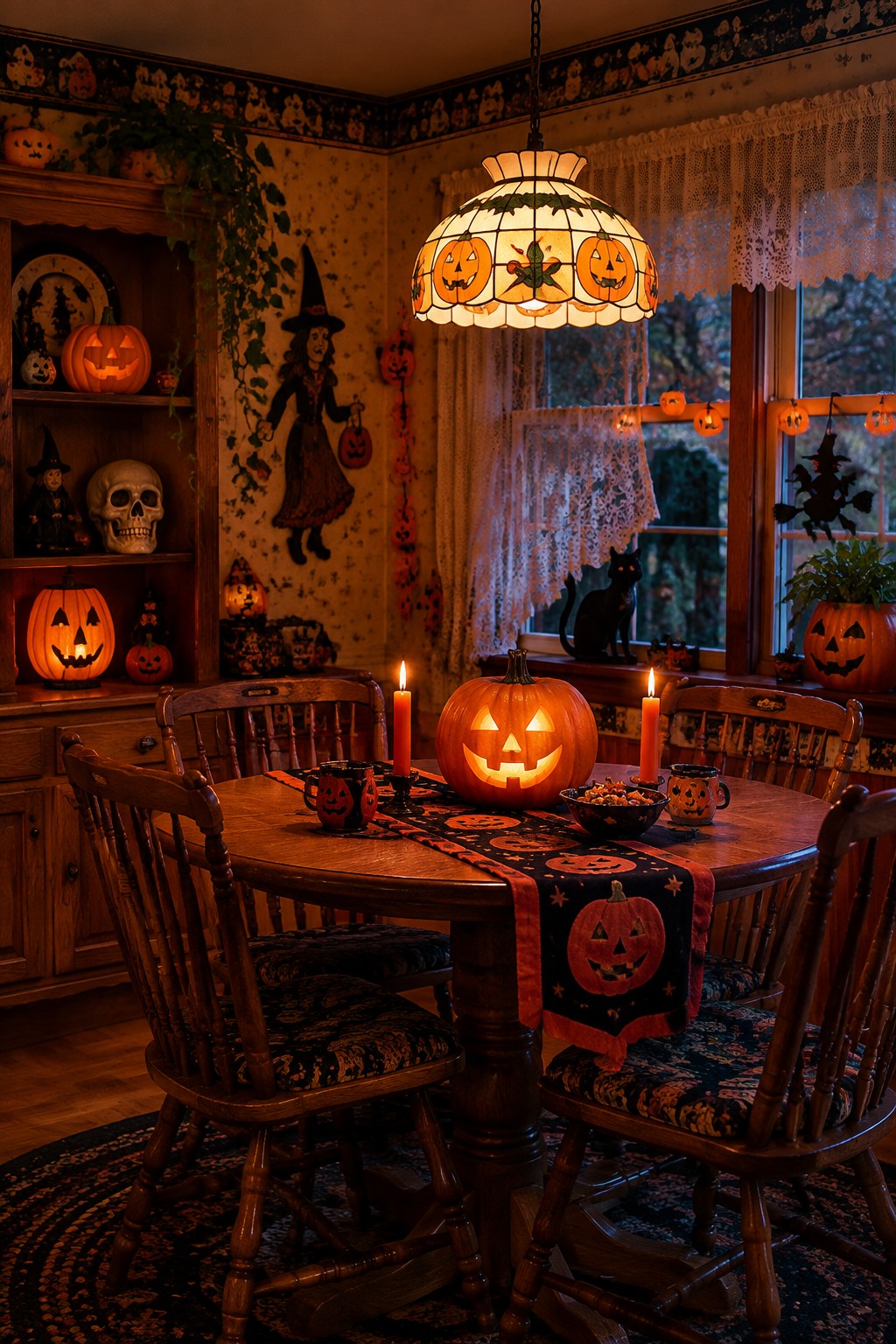 A wooden dining table set with a large carved jack o lantern centerpiece, two lit candles, a black pumpkin table runner, and jack o lantern mugs.