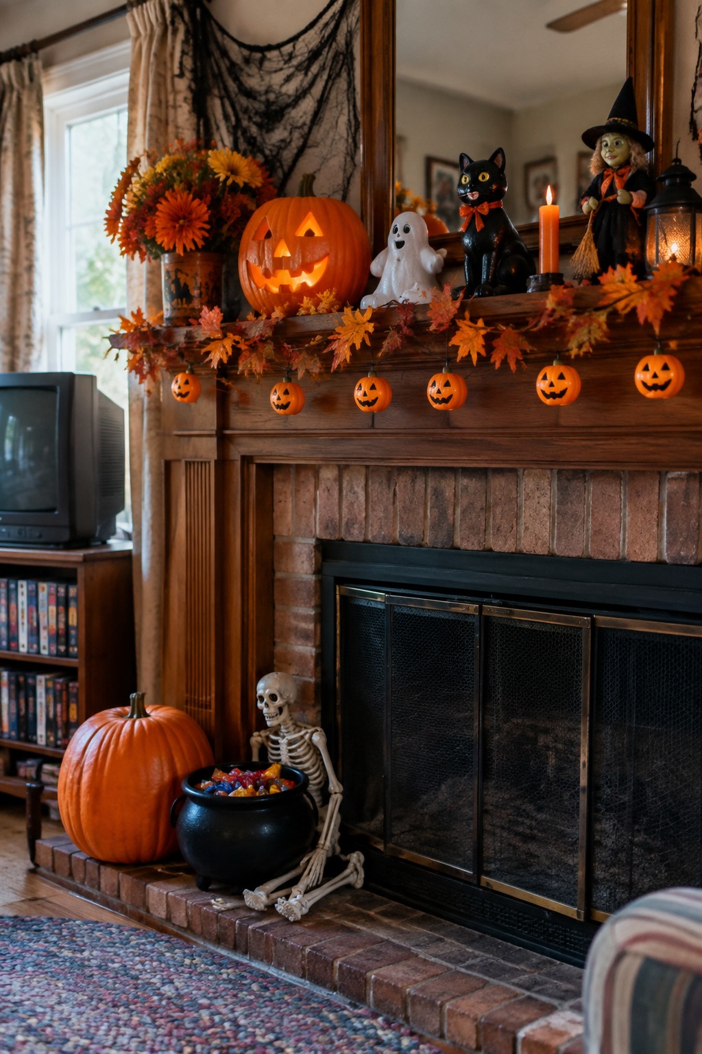 Halloween fireplace mantel with carved pumpkin, skeleton, black cat, and autumn leaves