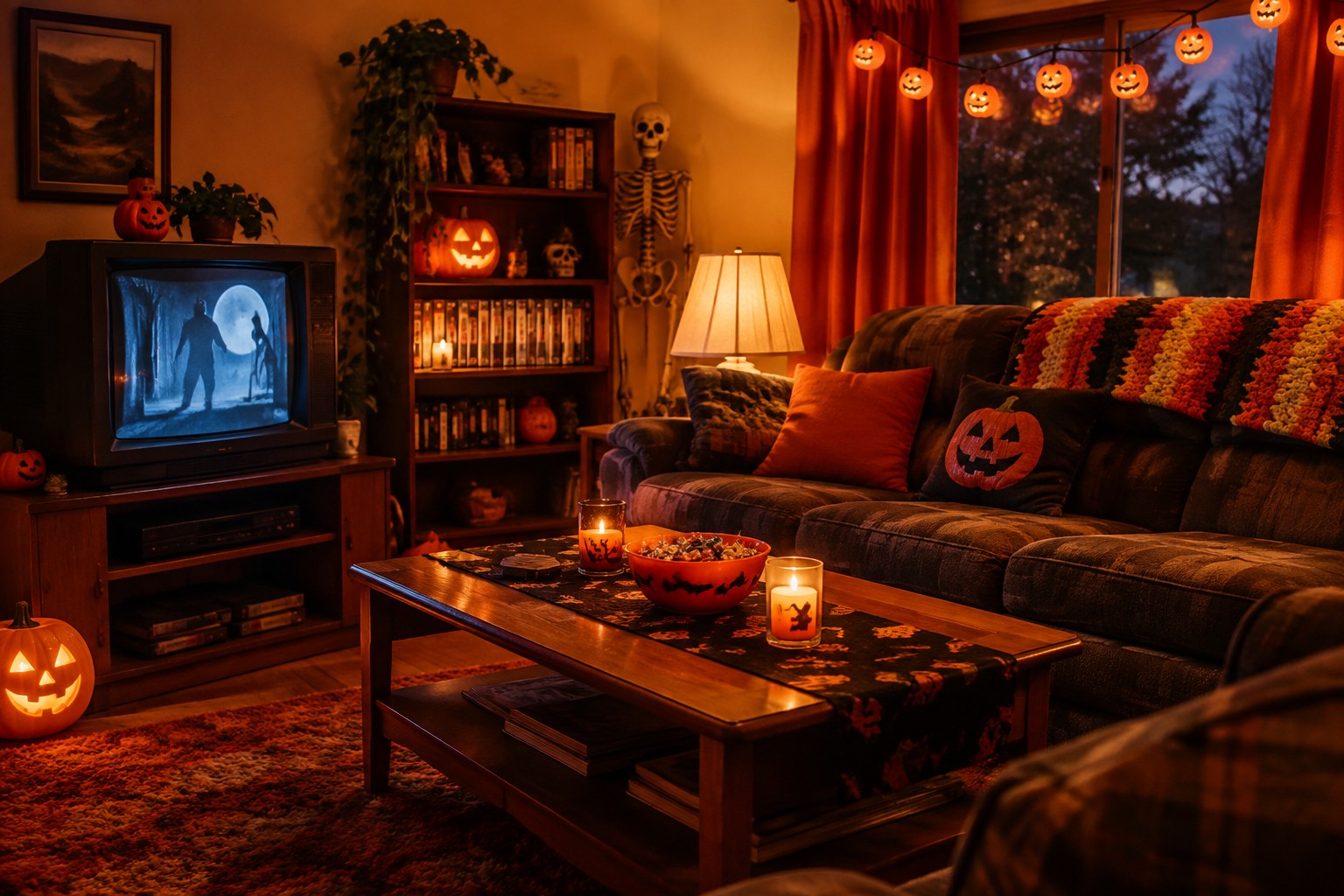 Living room with an old CRT television displaying a haunted house scene at night, surrounded by carved jack o' lanterns, a black cat figurine, and pumpkin string lights.