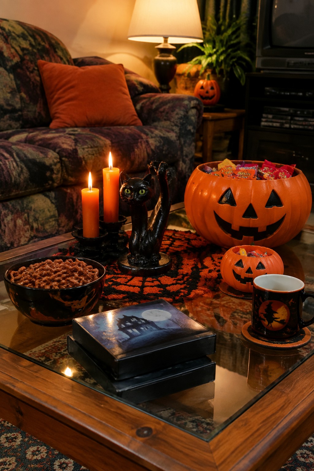 Coffee table decorated with a large carved pumpkin candy bowl, black cat figurine, candles, and a smaller pumpkin in a living room setting.