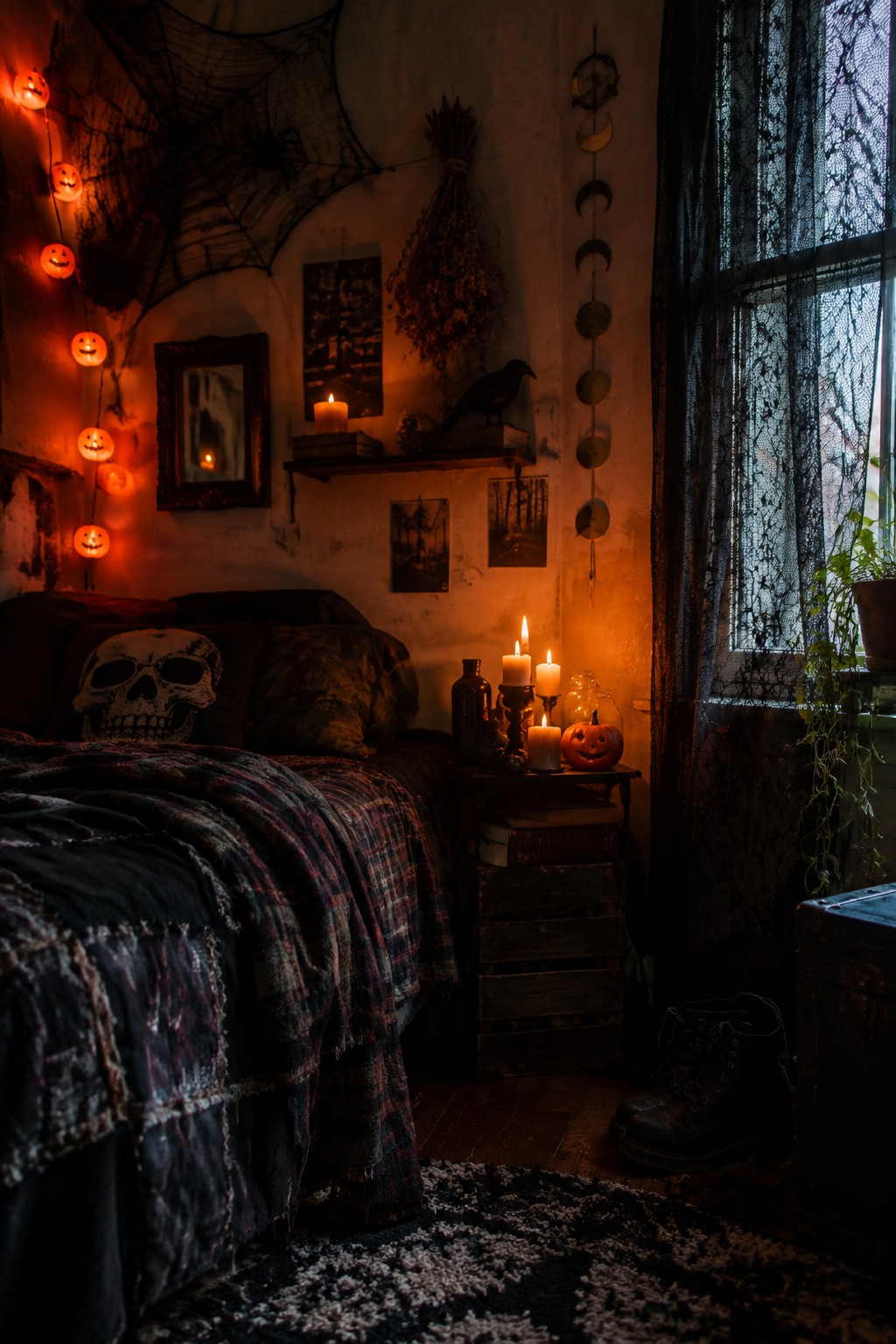 Spooky Halloween bedroom with skull pillow, spiderwebs, lit candles, and pumpkin lights.