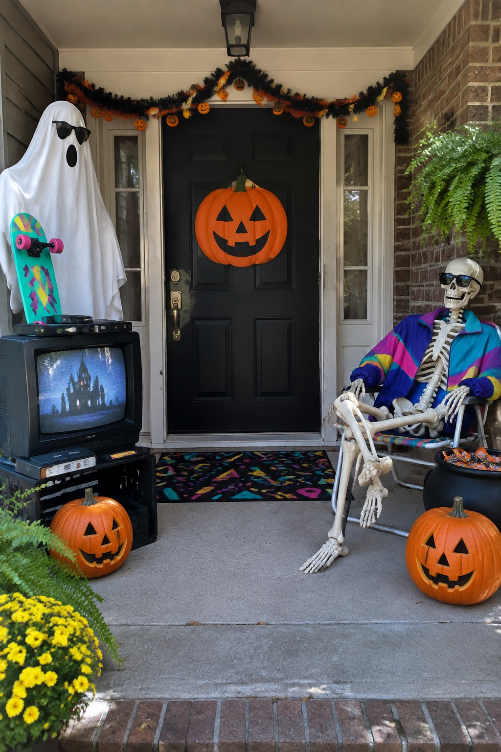 Front porch decorated with a skeleton in a colorful 90s jacket seated in a chair, a ghost figure holding a skateboard beside an old CRT television, jack o lanterns, and Halloween garland around a black door.