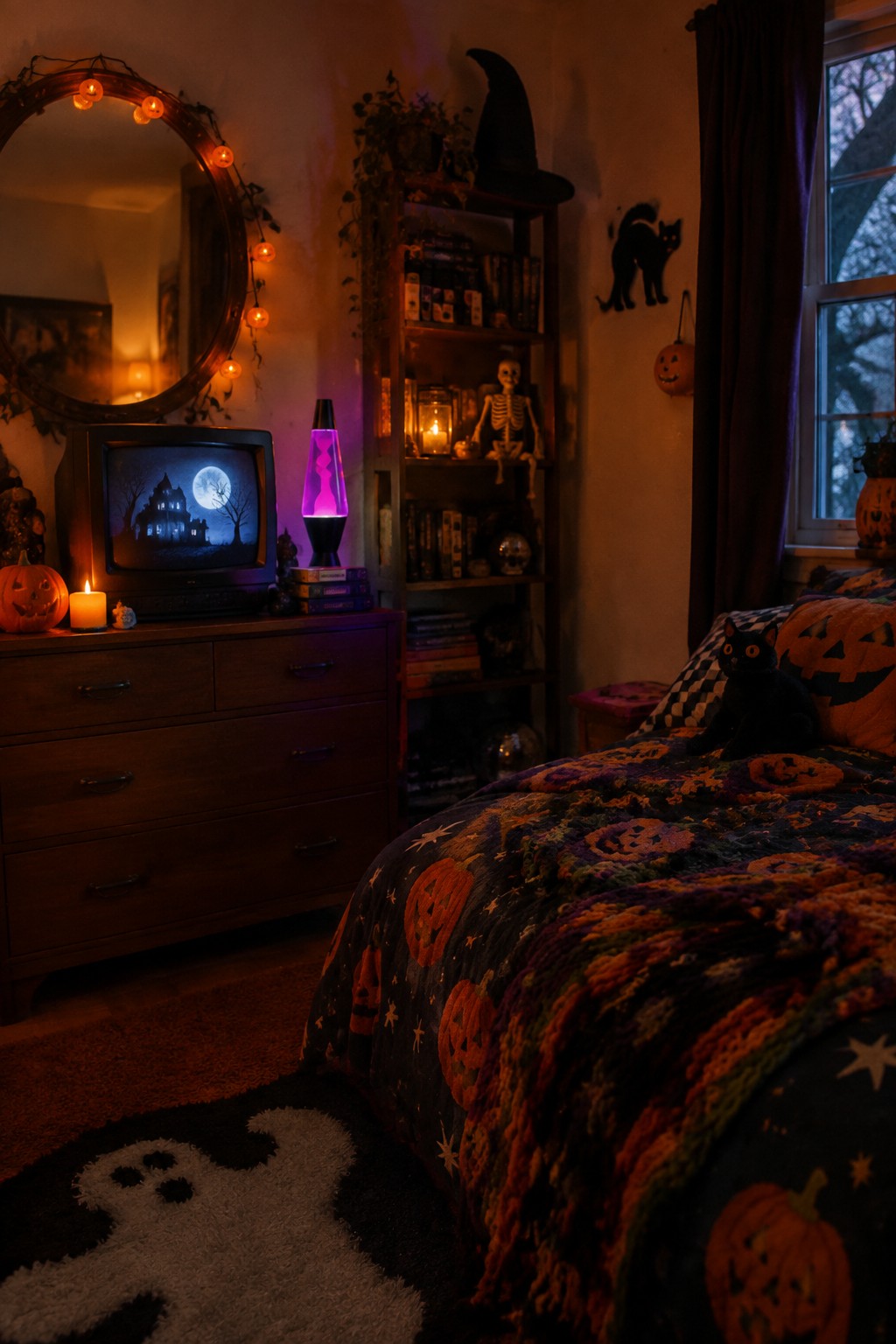 Bedroom with a vintage CRT television showing a haunted house on a wooden dresser, next to a glowing lava lamp and Halloween bedding with pumpkins.
