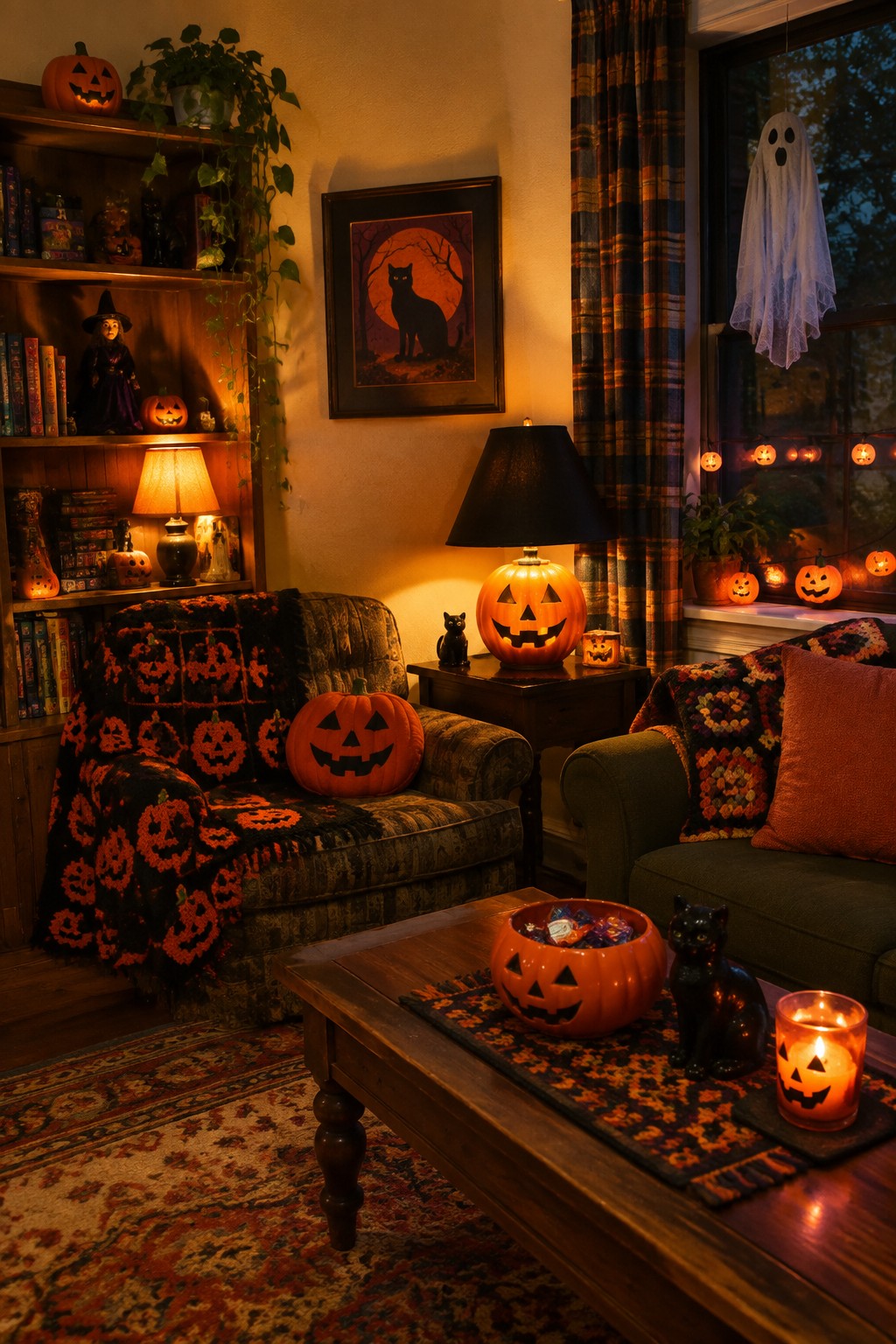 Living room with multiple carved jack o lanterns used as lamps and a candy bowl, along with a pumpkin knit blanket on the chair and a hanging ghost visible in the window.
