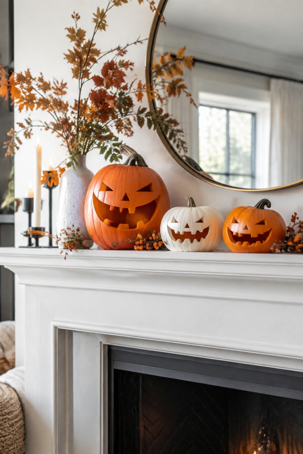 White fireplace mantel with three carved jack-o'-lanterns in orange and white pumpkins, accented with autumn leaves and candles.