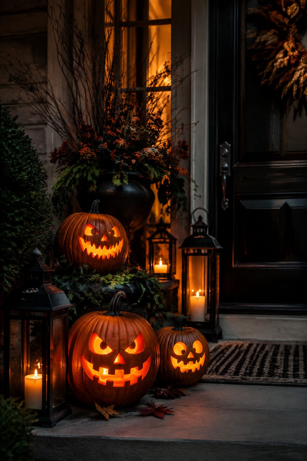 Three glowing jack-o'-lanterns and candle lanterns on a dark porch at night.