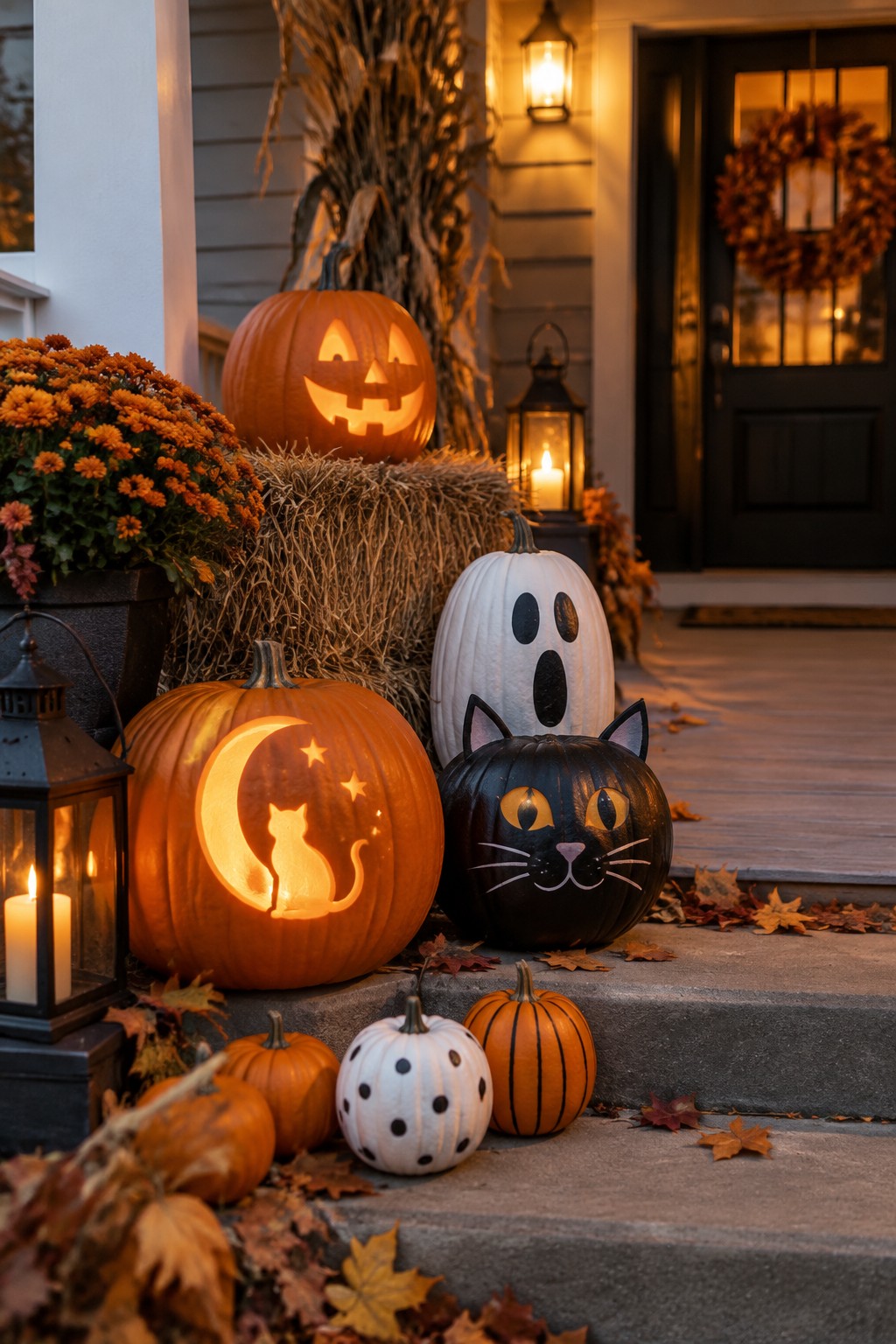 Front porch steps lined with carved jack o lanterns including a glowing cat in a moon, a black cat face, a ghost, and several smaller pumpkins.