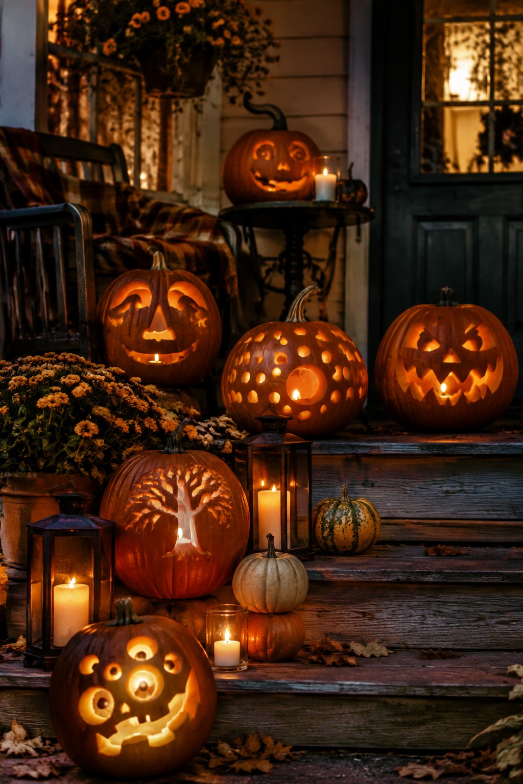 Front porch steps lined with multiple lit jack-o'-lanterns showing varied carved faces and patterns.