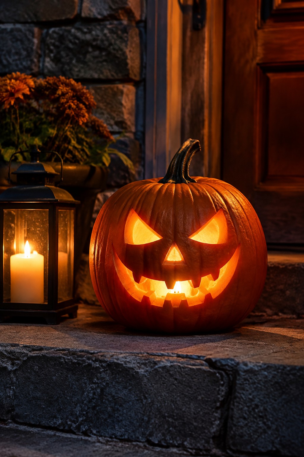 A carved jack o lantern with a menacing face sits on stone steps beside a lit lantern in front of a wooden door.