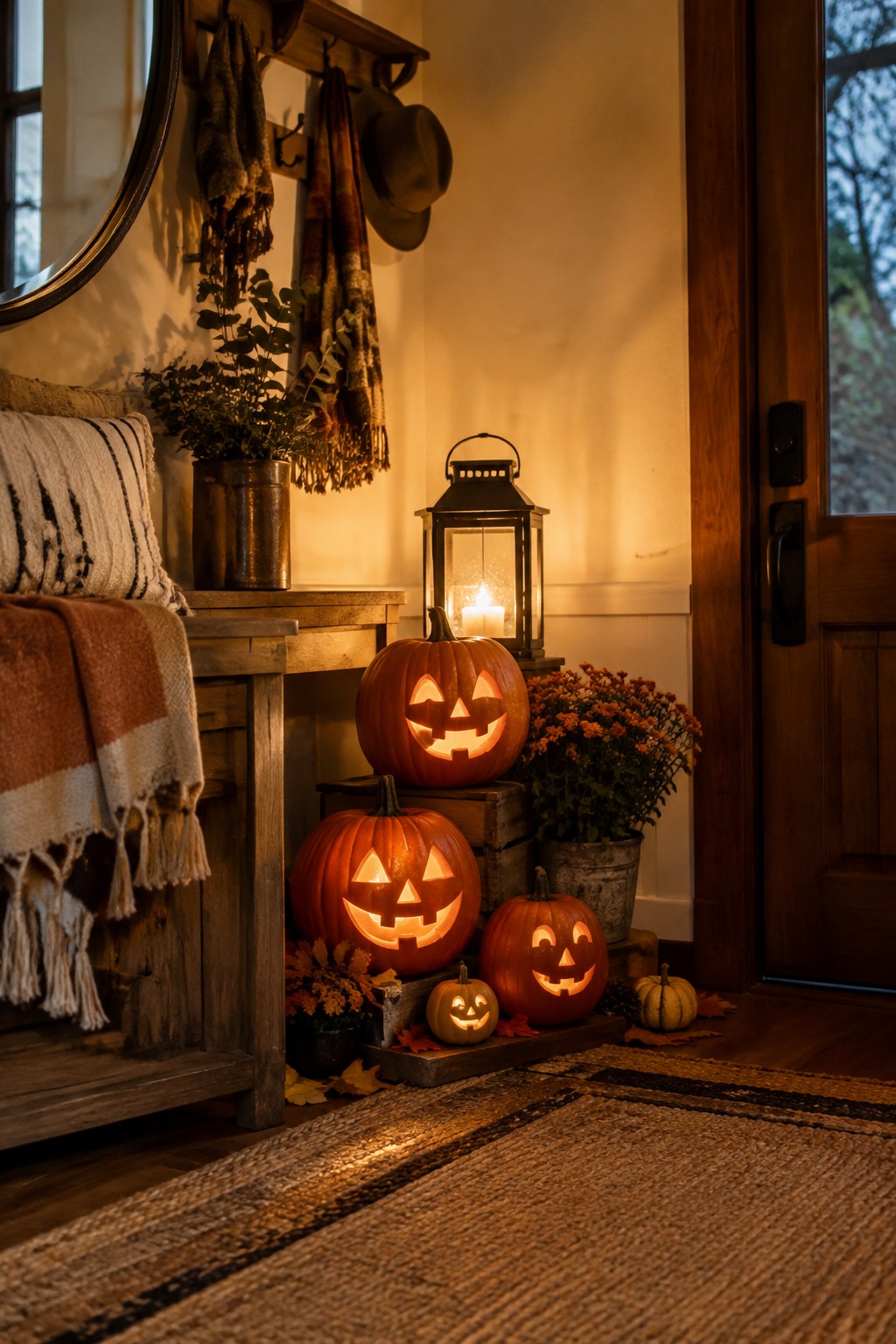 Entryway with four carved jack o lanterns of varying sizes glowing on wooden crates and a tray next to a front door.