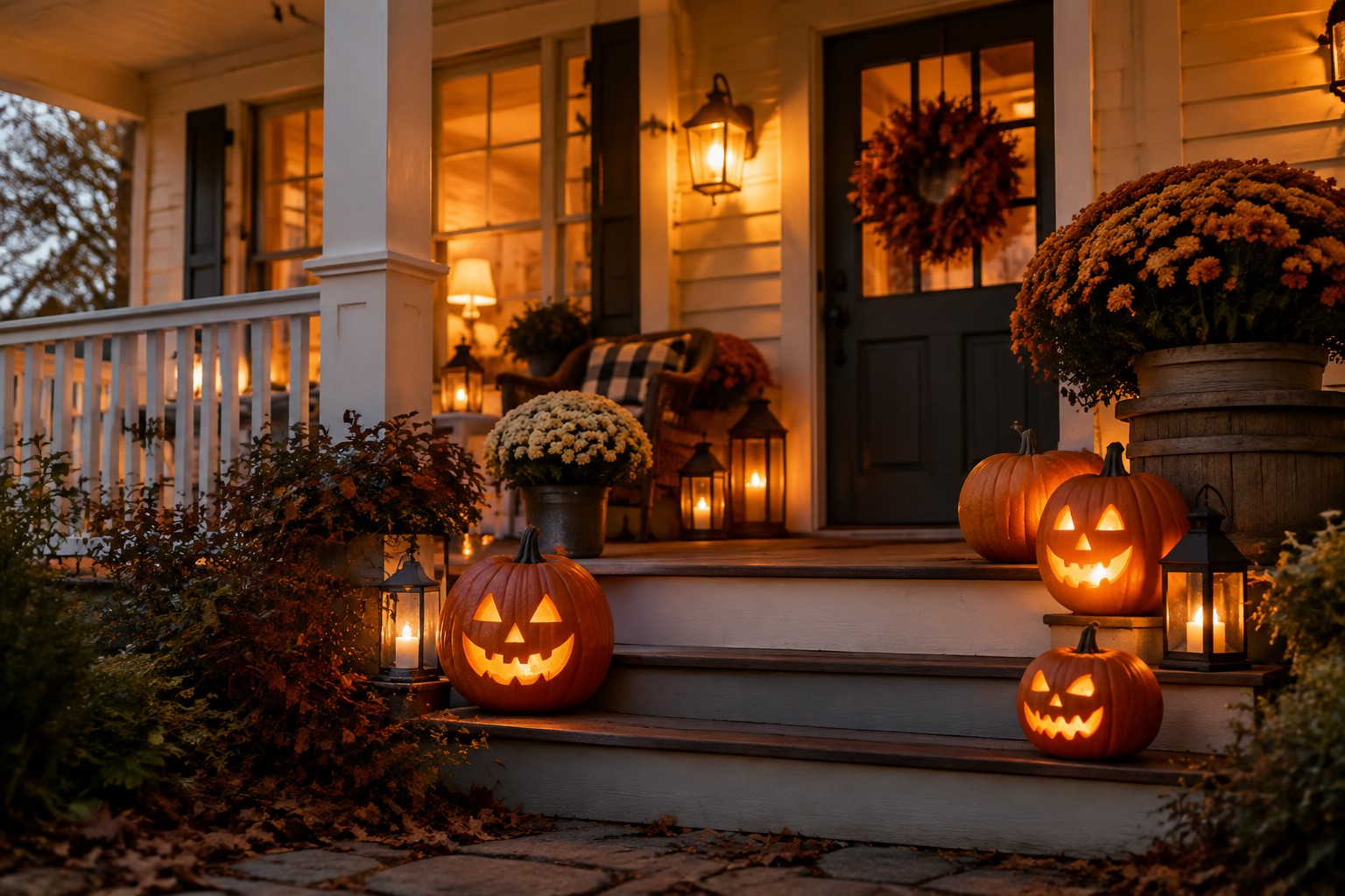 Front porch steps lined with multiple carved and lit jack-o’-lanterns of different sizes, with lanterns placed nearby.