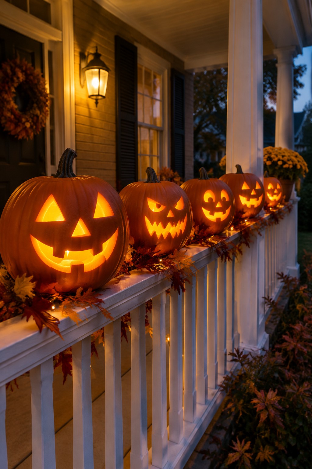 Row of glowing jack-o'-lanterns on a white porch railing with autumn leaves