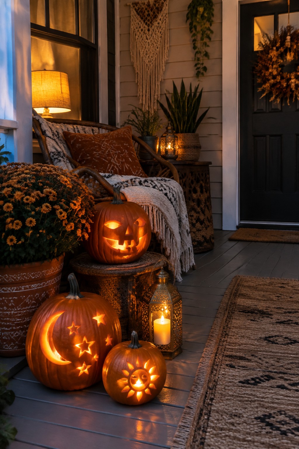 Glowing jack-o'-lanterns and lanterns on a decorated wooden porch with autumn plants.